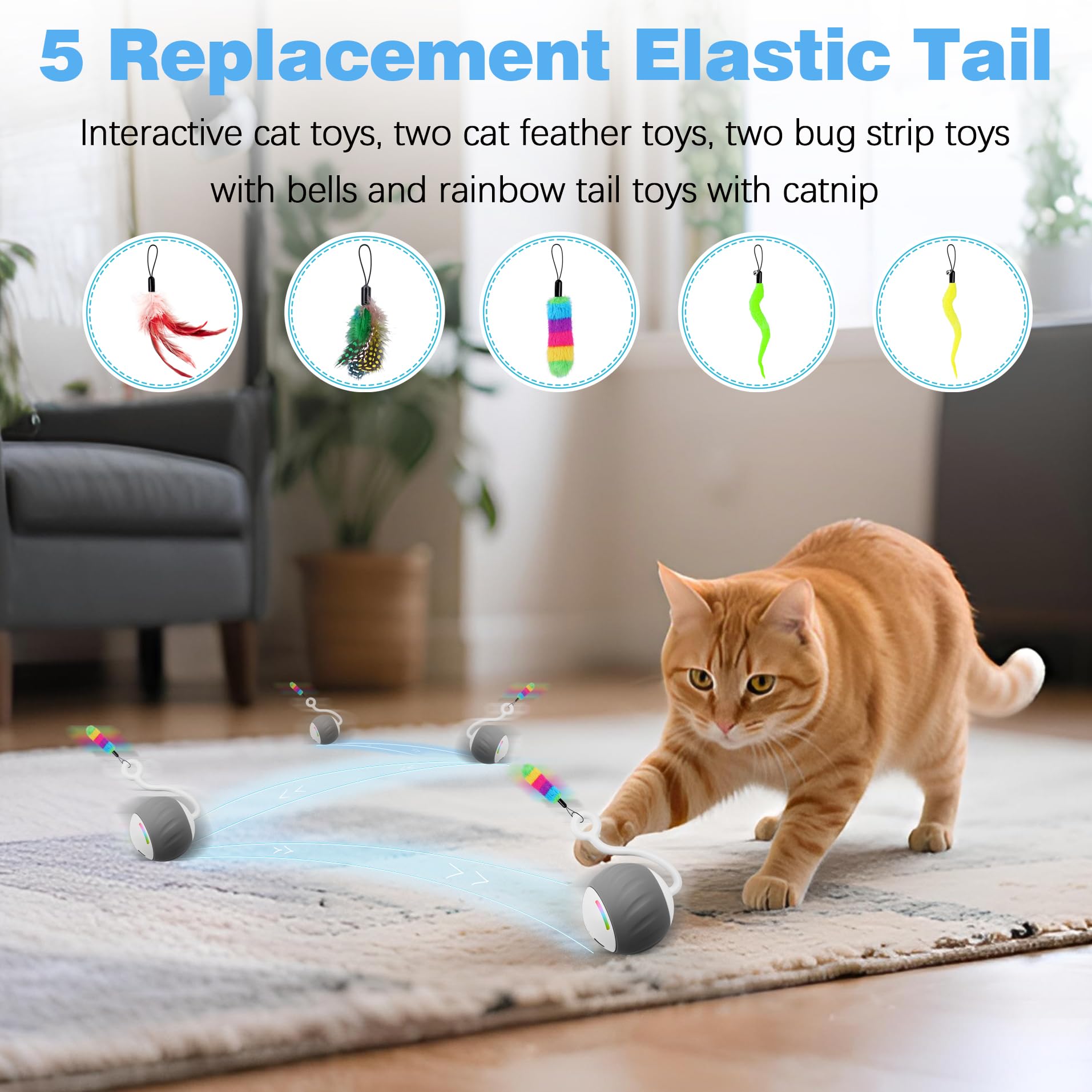 Jouets interactifs pour chats d'intérieur, contrôle intelligent tactile et sonore – Balle à 2 vitesses activées par le mouvement pour chats ennuyés avec lumières LED, queue de plumes, câble de charge