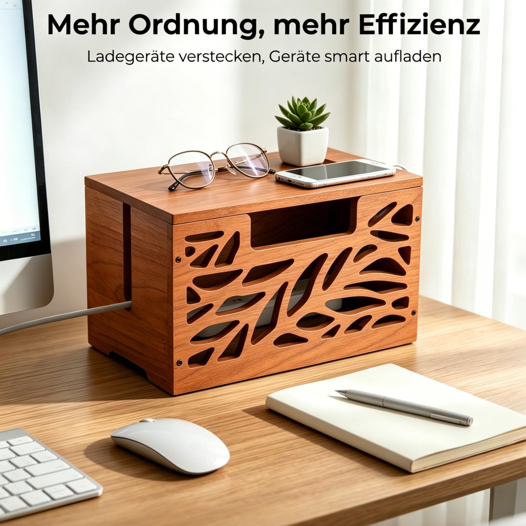 Große Kabelbox Holz mit Deckel zum Verstecken von Kabeln für Zuhause & Büro | Kabelmanagement box gegen Kabelsalat, HxBxT: 20,5 x 34,4 x 20 cm, Steckdosenbox mit Lüftung für Steckdosenleisten Verstecken