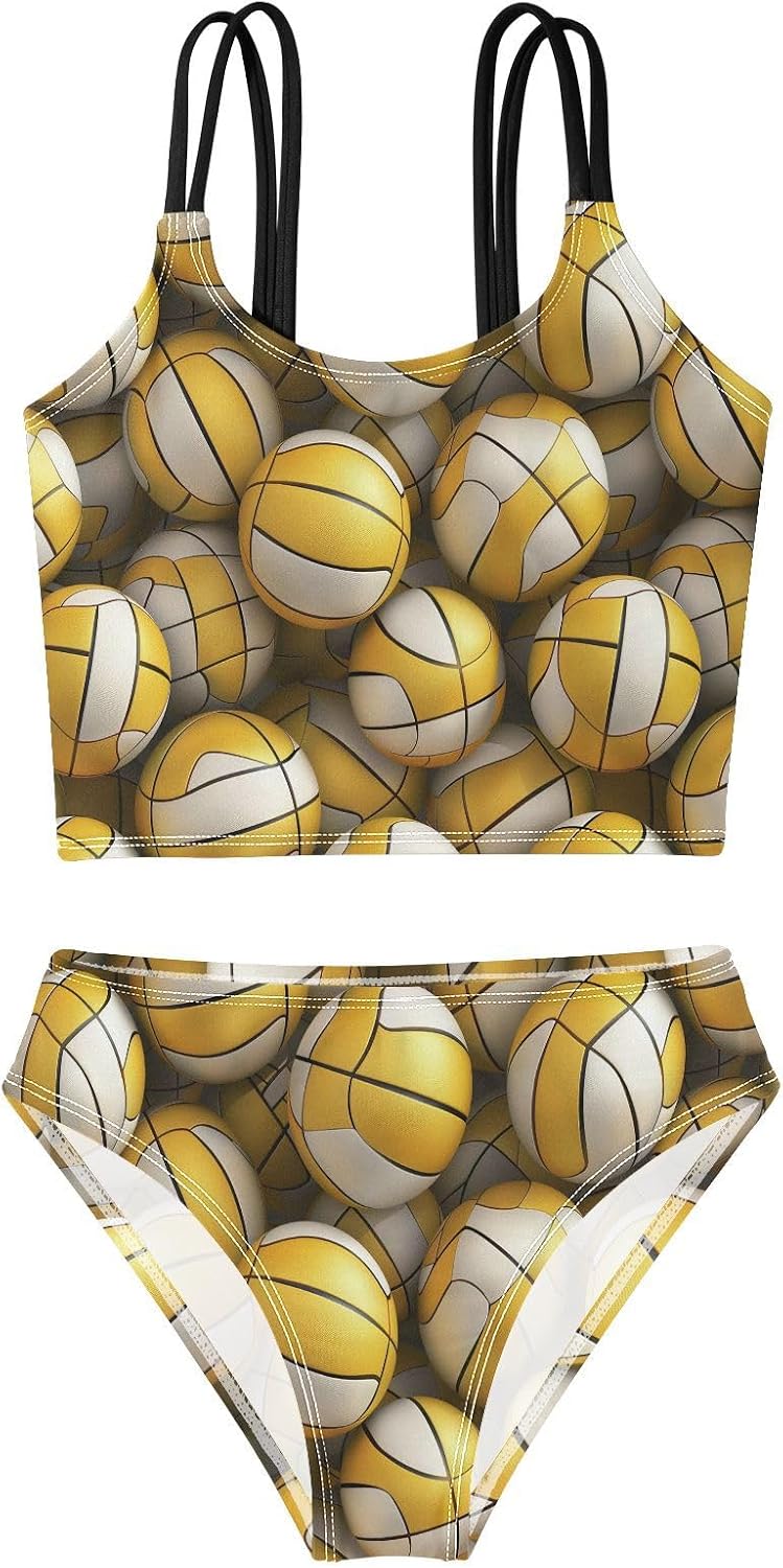 visesunny Girls Two Piece Swimsuits 3D Yellow White Volleyball Girl's Bikini Sets Bathing Suits for Girls Size 5-12Y