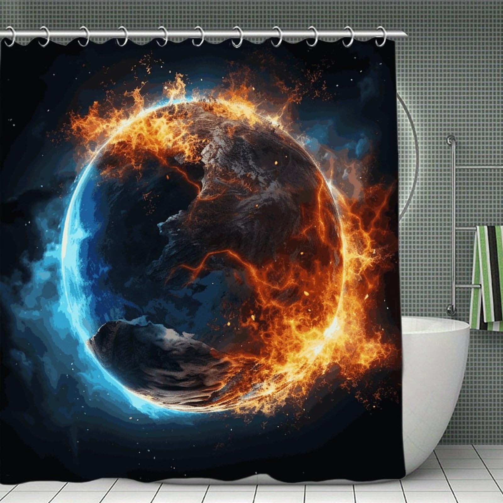 JTREHY Planet Ice and Fire Shower Curtain Waterproof Bathroom Shower Curtain Machine Washable Bath Curtains Polyester Cloth Bath Curtains for Bathroom Showers 70.8×70.8Inch