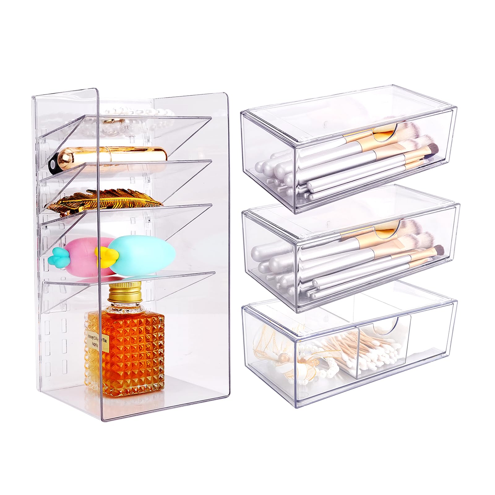 IBEQUEM 4PCS Cosmetic Storage Drawer, Stackable Bathroom Acrylic Organizer for Dresser Stationery, Kitchen Cabinet, Pantry