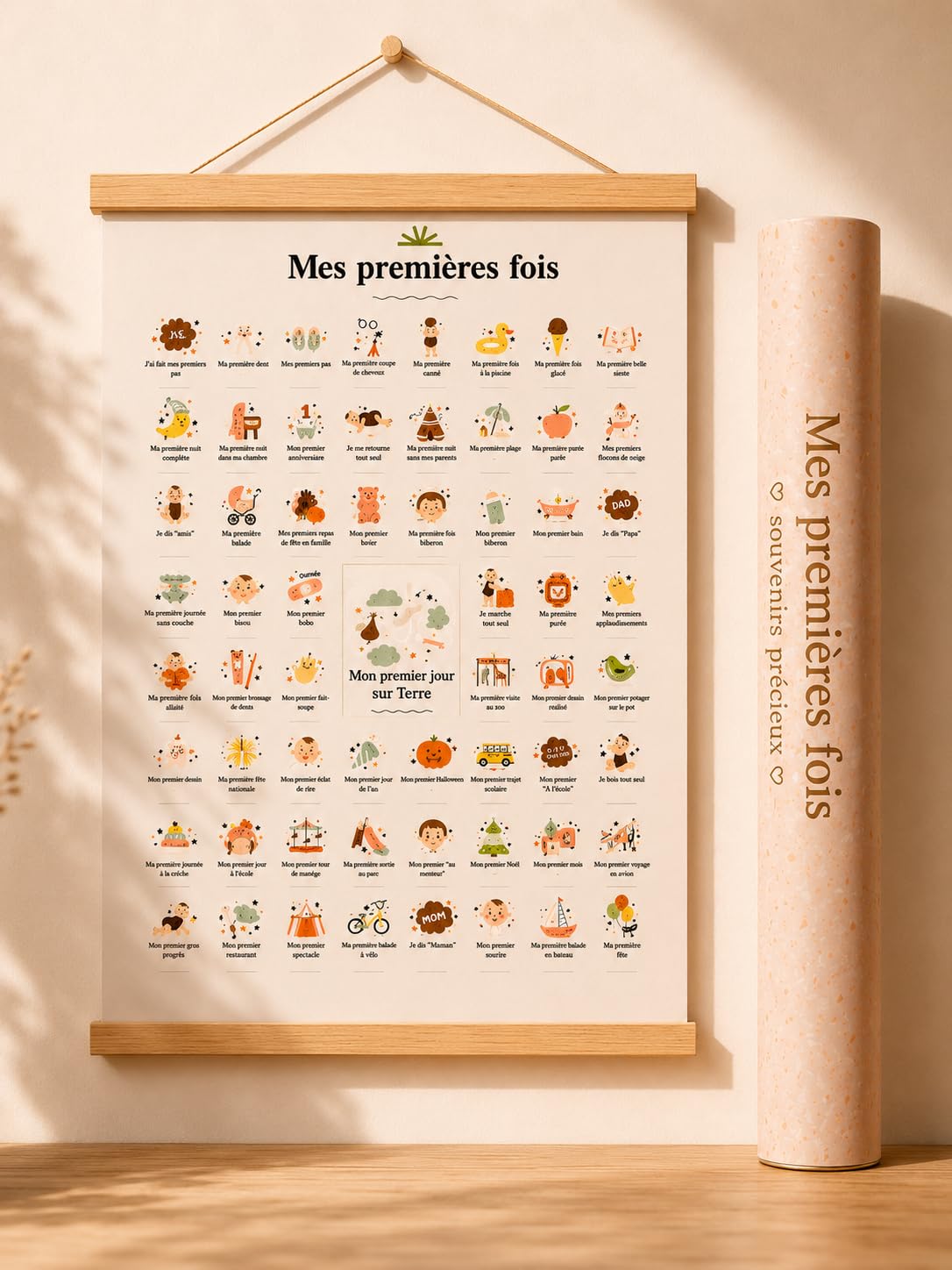 Générique Mes Premières Fois Bébé – Affiche Souvenir A3 avec Baguettes en Bois et Fil de Suspension – Décoration Chambre Bébé Garçon ou Fille – Cadeau Naissance Original