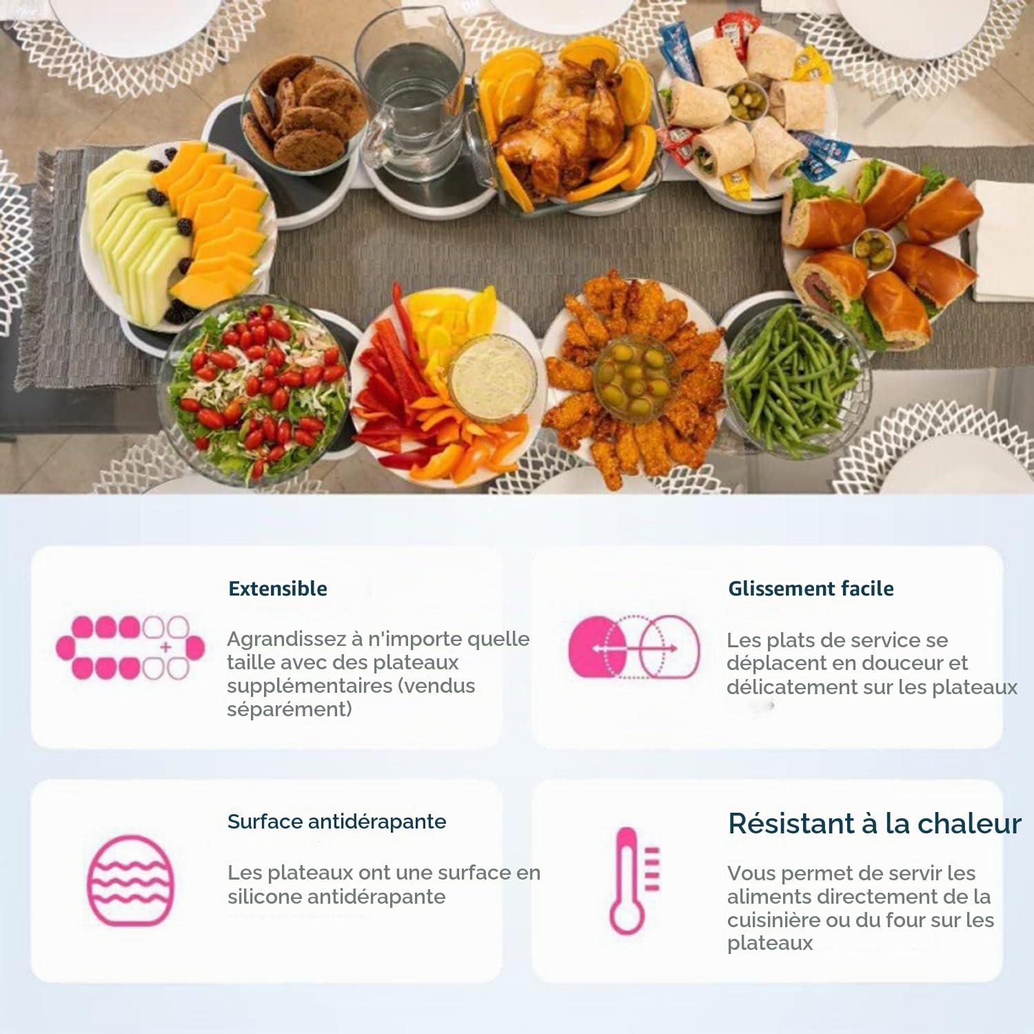 Plateau Tournant pour Table De Salle à Manger,Plateau De Service Rotatif à 360 ° pour 8 Plateaux,Service Rotatif pour Table à Manger Rectangulaire,pour Repas Familiaux Et Les Fêtes