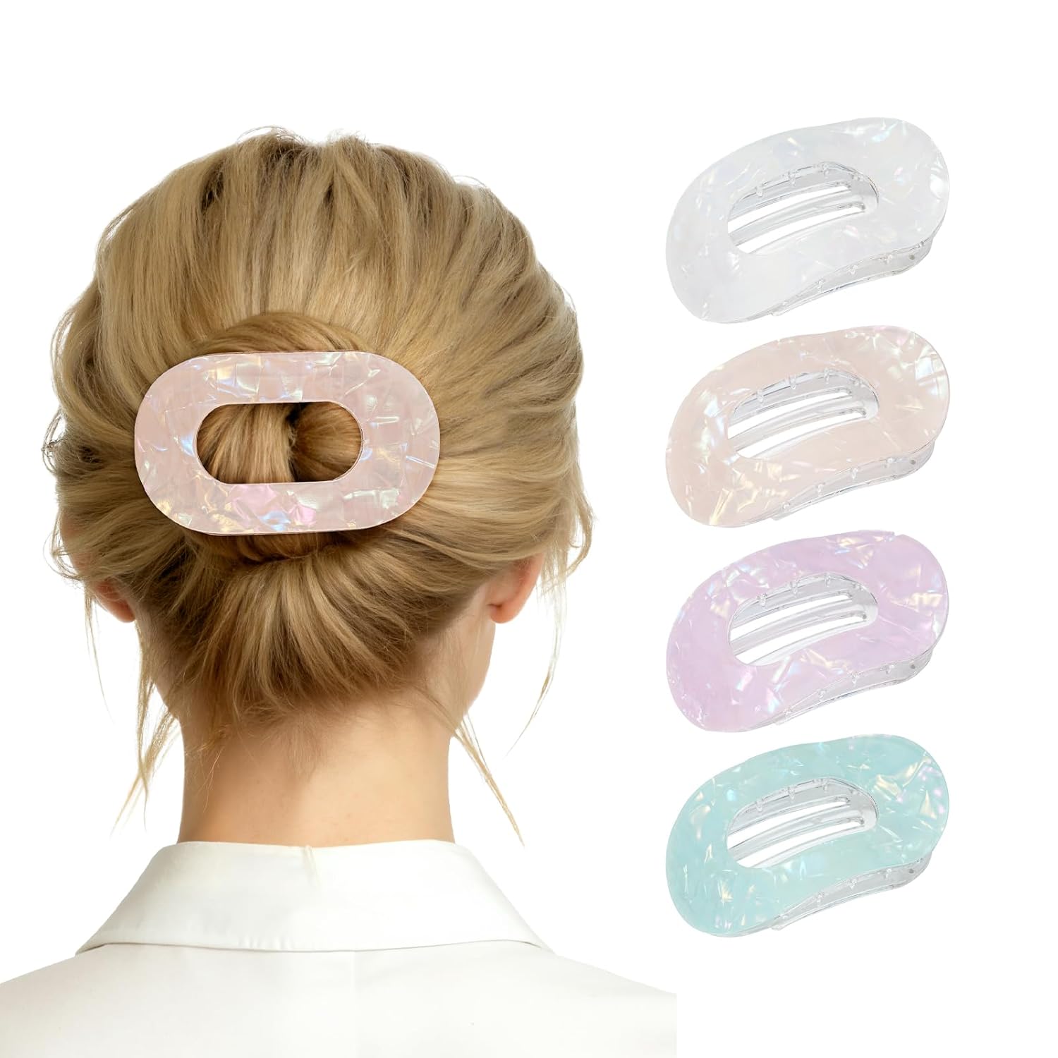 Lourny Flat Hair Clips for Women, 4PCS Flat Acrylic Claw Clips for Thin Hair Lightweight Non-Slip Large Claw Clips for Women(Yellow+white+green+purple)