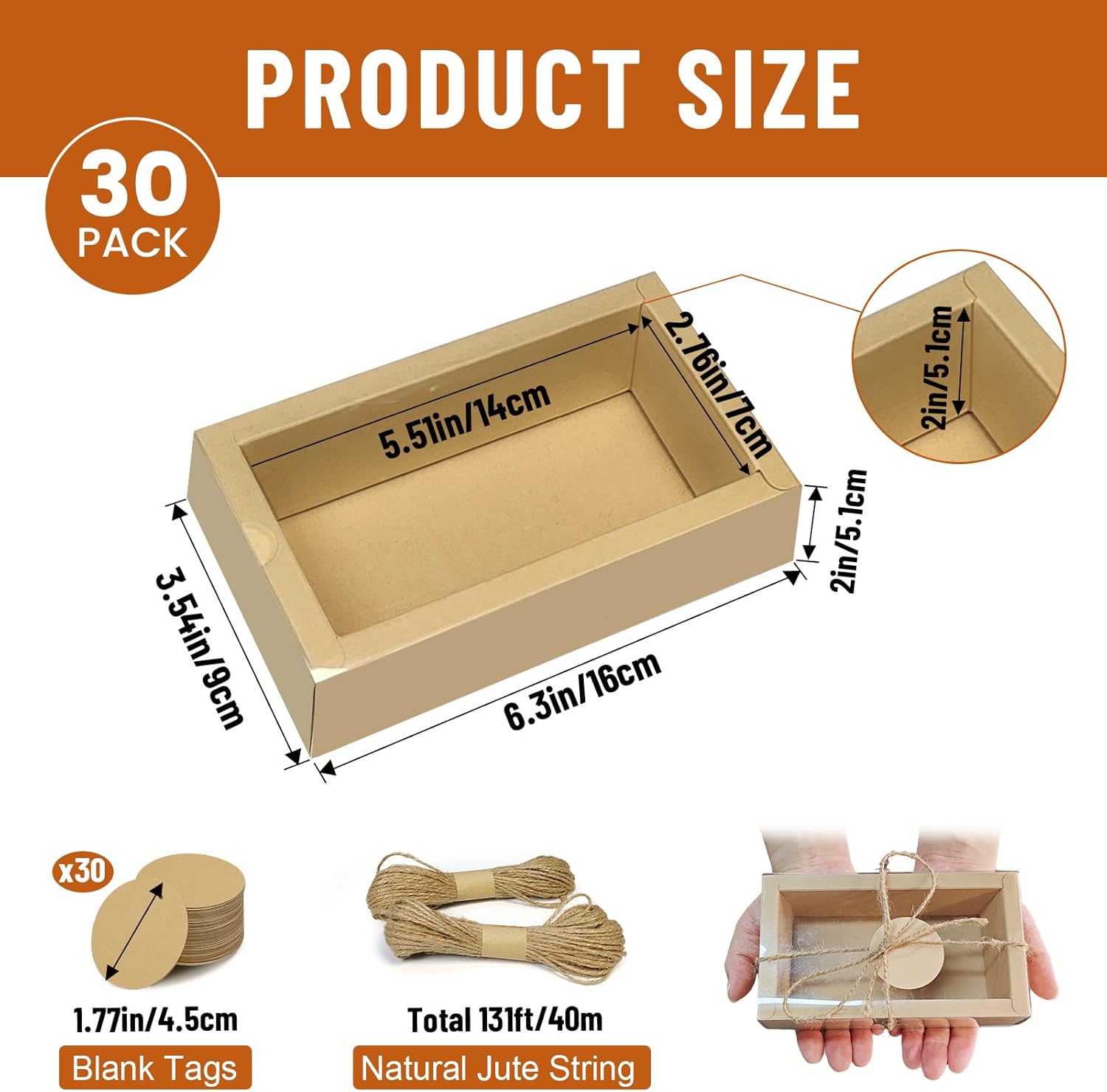 H.J. Immbir 30 Sets Kraft Gift Boxes Rectangle Kraft Paper Drawer Box with Window Homemade Soap Box with Blank Tags and Jute String for Birthday Christmas Weddings