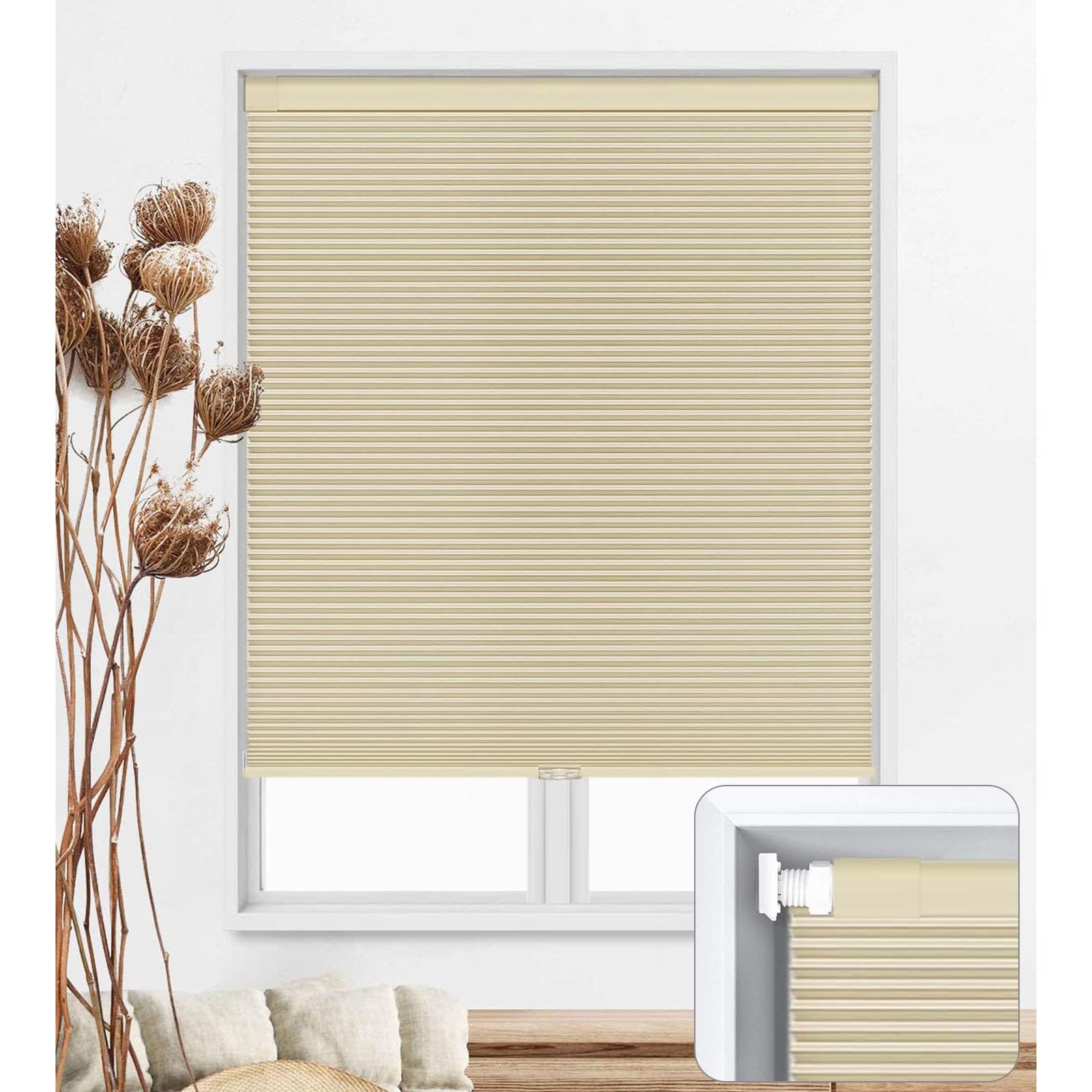 Sonakia Cream Blackout Cellular Shades For Windows, No Drill Cordless Honeycomb Pleated Blinds, No Tools Privacy Cellular Blinds, Customizable Honeycomb Shades,-85X180cm/33.5 * 70.9In