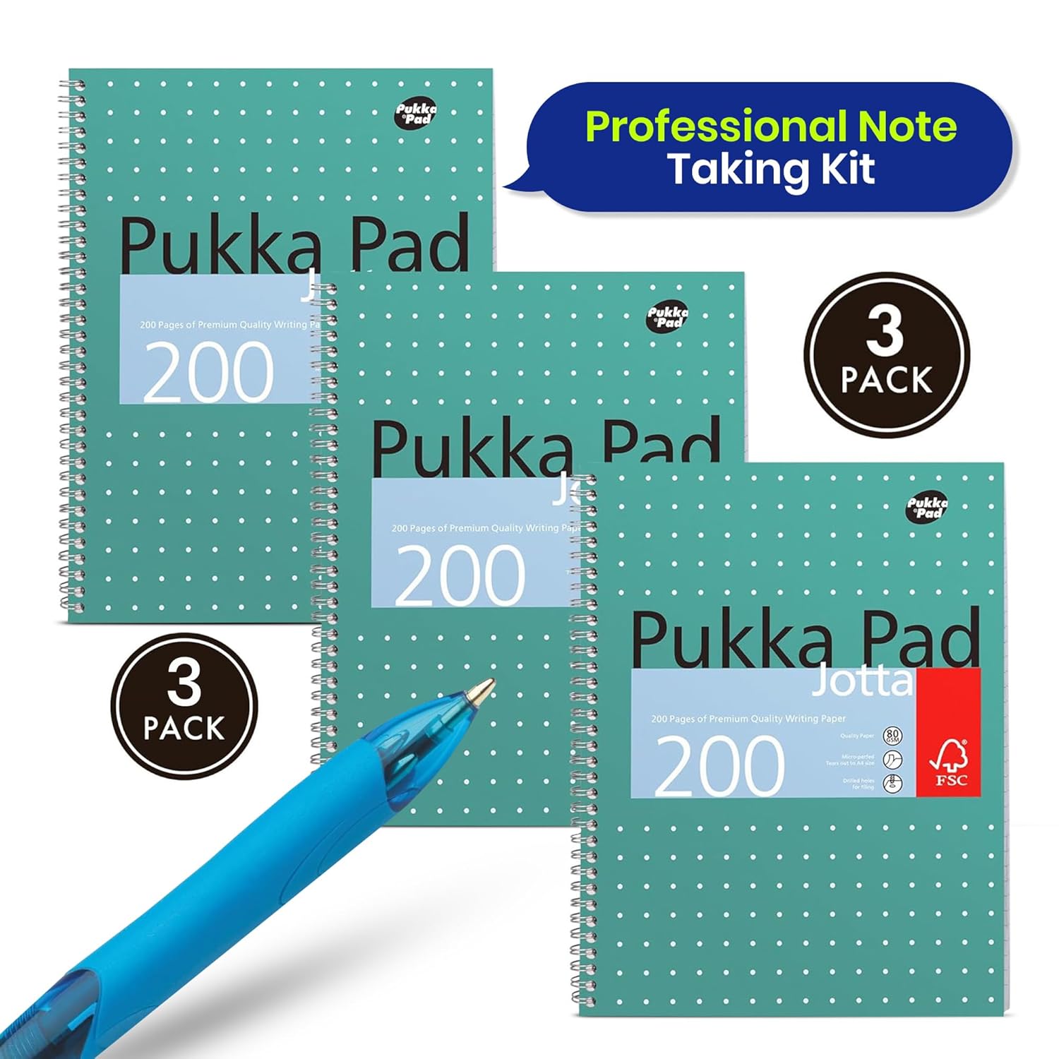 BIC 3x 4 Colours Retractable Ballpoint Pens & Pukka Pad A4 Metallic Jotta Book 3 Pack, Wirebound Notebook 8mm Lines 80GSM Paper 4-Hole Punch Margins Perforated Edges 200 Pages for School & Office