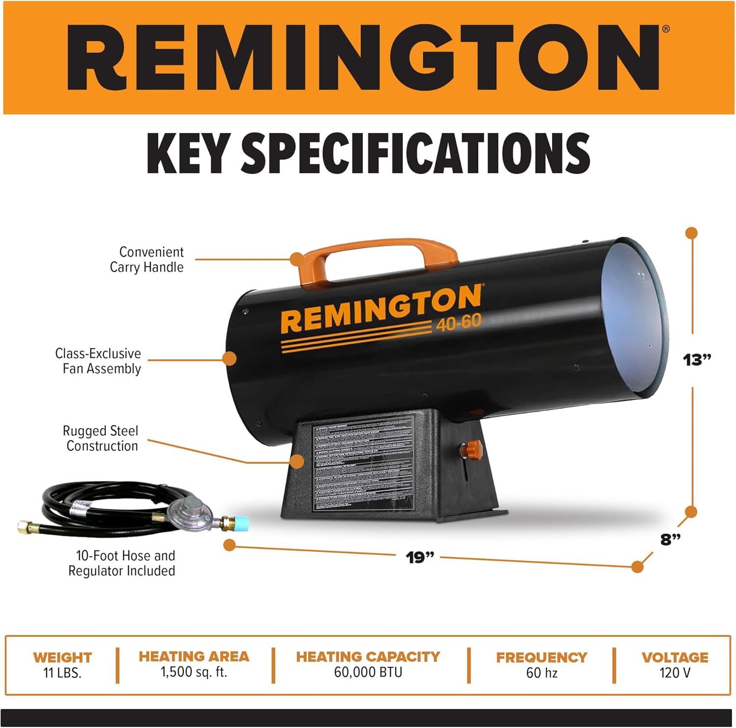 Key specifications and dimensions of the Remington heater