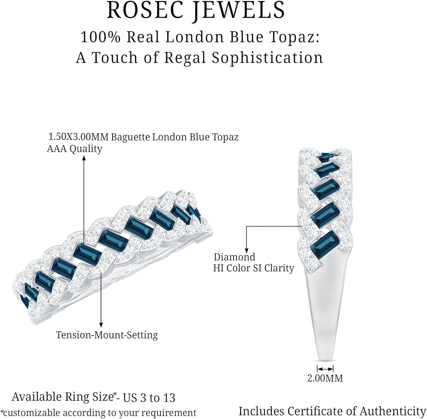 Certified London Blue Topaz Half Eternity Ring, AAA Quality, Natural Topaz Diamond Wedding Band for Women - Ready To Gift