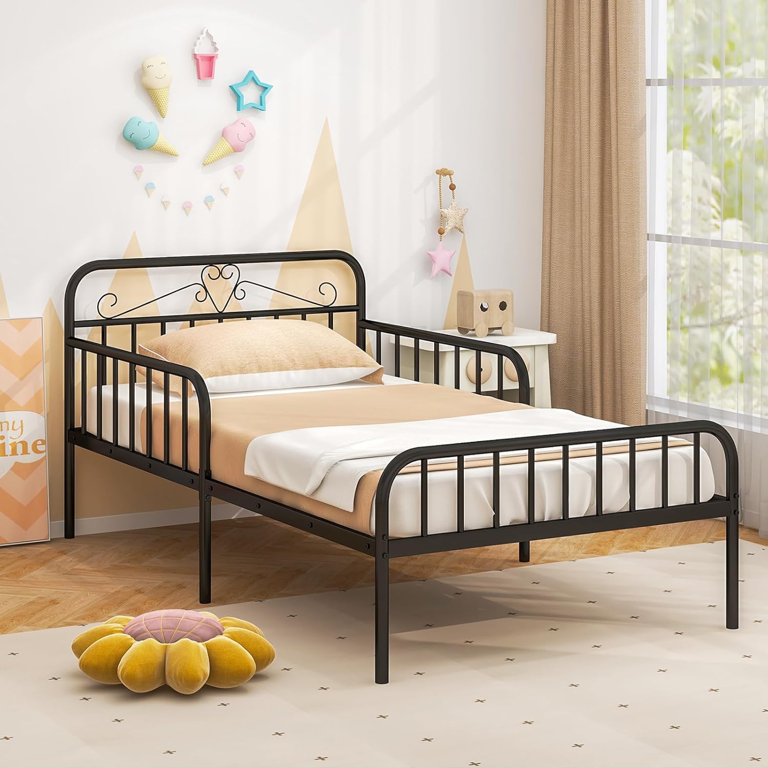 Giantex Metal Twin Bed Frames for Kids, Heavy Duty Metal Platform Bed Frame with Headboard & Safety Guardrails, Modern Toddler Bed with Slat Support for Girls Boys, No Box Spring Needed (Black)
