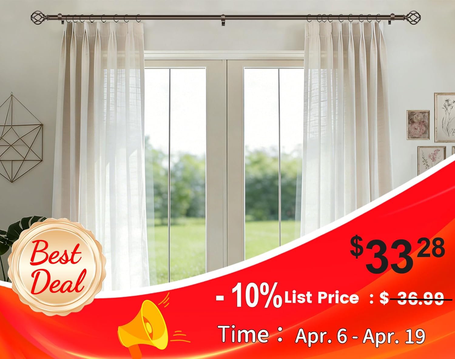 kamanina bronze curtain rods for windows 72 to 144 inches (6-12ft), 1 inch long curtain rod 32 to 144, heavy duty decorative single drapery rods, twisted cage end bronze 32-144"