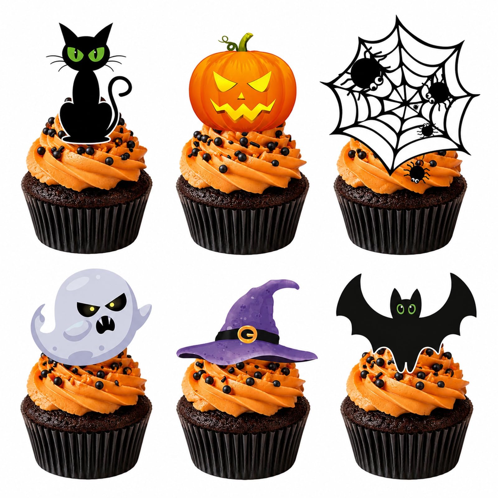 72Pcs Halloween Cupcake Toppers, Cake Toppers Pumpkins Ghosts Bat Black Cat