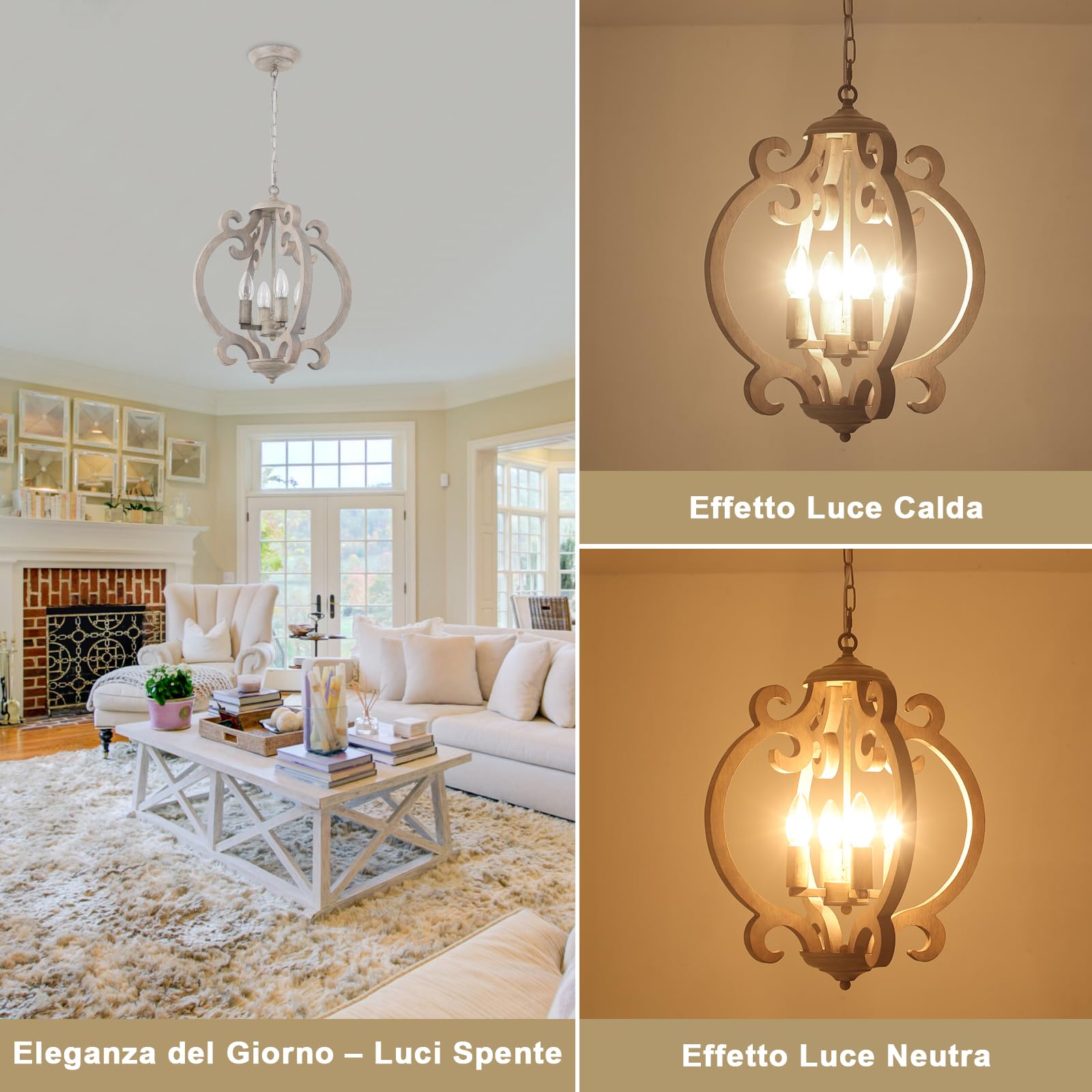 Lampadario vintage a 4 luci, stile rustico, lampada a sospensione da tavolo da pranzo, in legno rustico, casa colonica, lampada da soffitto francese da appendere per soggiorno, camera da letto