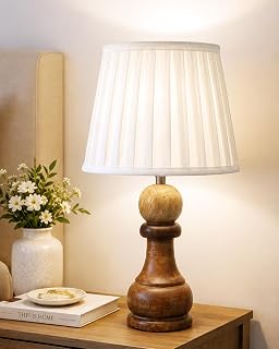 Homesake® Chess Table Lamp for Bedside Desk Nightstand Lamp for Bedroom Living Room, Rustic Wood Base Fabric Shade for Déc... Price In India