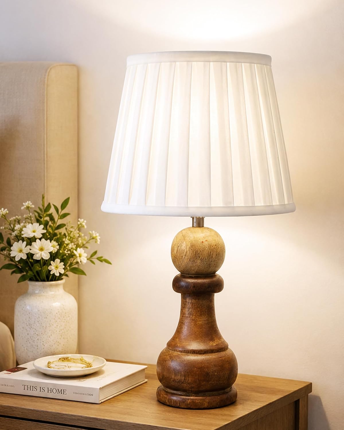 Homesake® Chess Table Lamp for Bedside Desk Nightstand Lamp for Bedroom Living Room, Rustic Wood Base Fabric Shade for Déc...