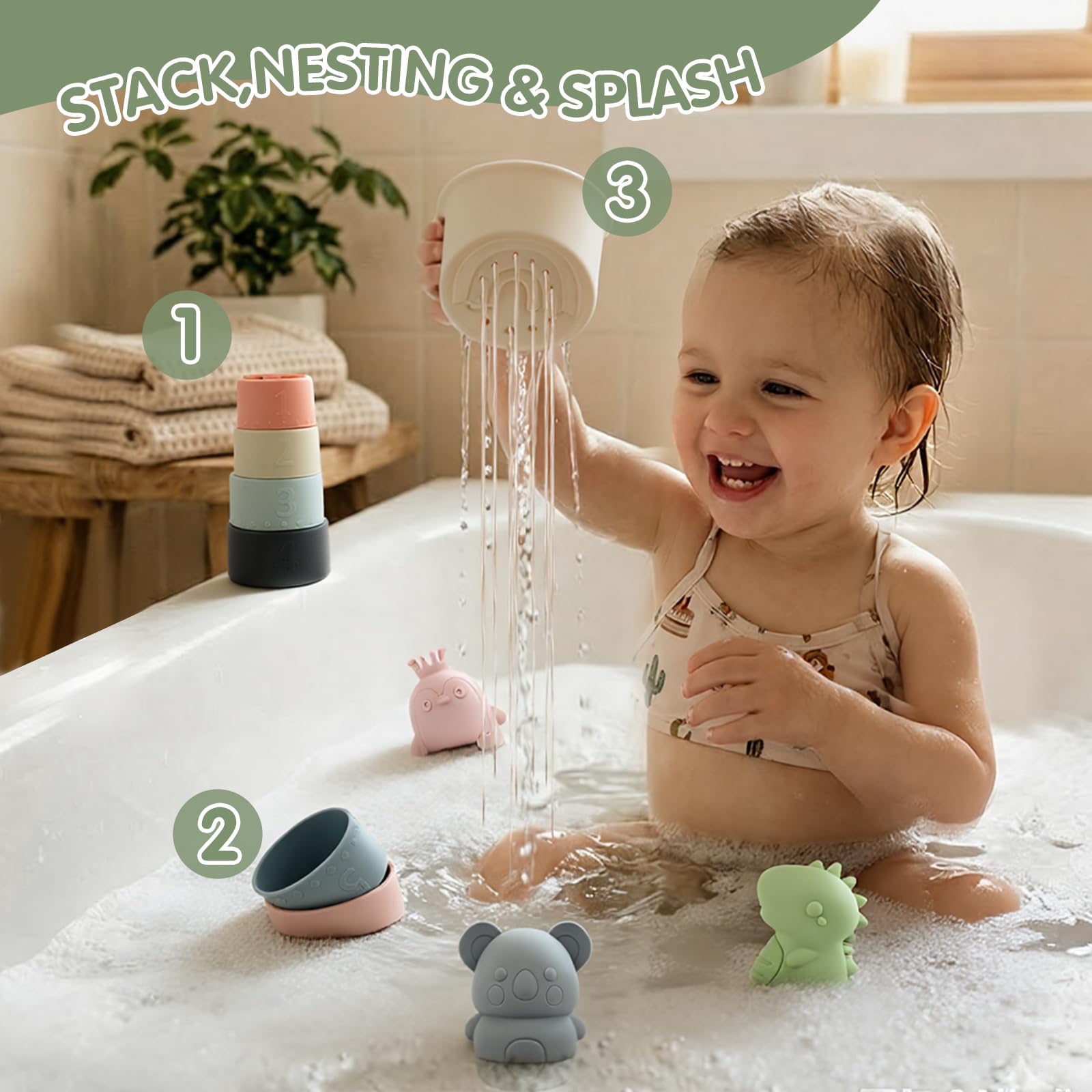 Giocattoli da Bagnetto per Bambini, Giochi Bagnetto Neonato in Silicone con Volante Giocattolo, Tazza Impilabili e Giocattoli Animali, Senza Bisfenolo A, Giocattolo a Acqua per Bagno Piscina Spiaggia