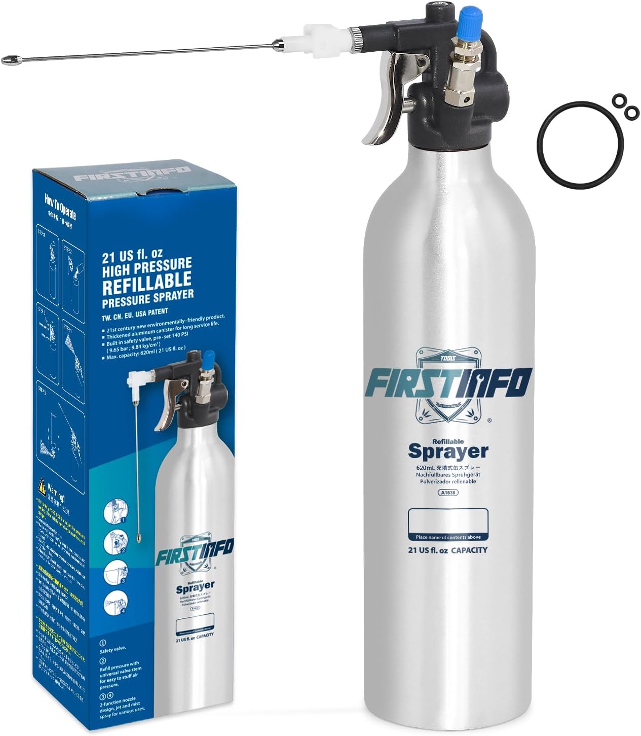 FIRSTINFO A1638 (3rd Gen) Patented Lightweight Max. Pressure 140psi / 620ml Thickened Aluminum Canister Refillable Aerosol Spray Can | Compressed Air Sprayer | Wide Mist Spray FIRSTINFO A1638 (3rd Gen) Patented Lightweight Max. Pressure 140psi / 620ml Thickened Aluminum Canister Refillable Aerosol Spray Can | Compressed Air Sprayer | Wide Mist Spray