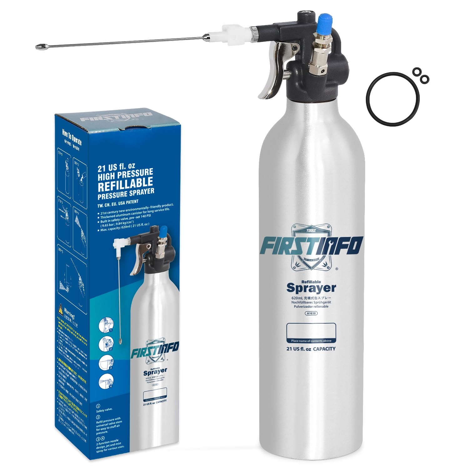 FIRSTINFO A1638 (3rd Gen) Patented Lightweight Max. Pressure 140psi / 620ml Thickened Aluminum Canister Refillable Aerosol Spray Can | Compressed Air Sprayer | Wide Mist Spray