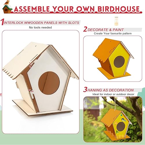 Miniatura 3 de Treewant Paquete de 6 kits de casa de pájaros, arte y manualidades para KDS de 3 a 8 años, construir y pintar casa de pájaros, kits de arte de