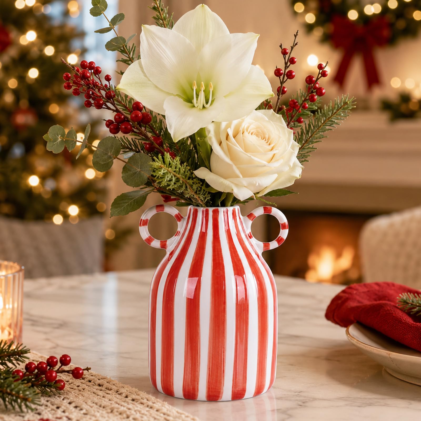 Photo 1 of oliruim Red & White Striped Ceramic Vase