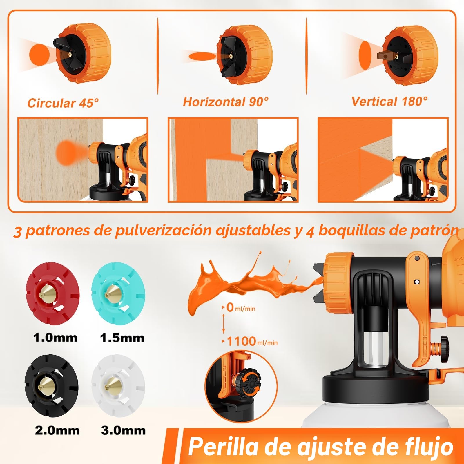 Pulverizador de Pintura HVLP 700 W, Pulverizador Eléctrico con DepóSito de 1200 ML, Flujo de 1000 Ml/Min, 4 Boquillas y 3 Patrones de Pulverización, Incluye Boquillas de Limpieza y Soplado de Polvo