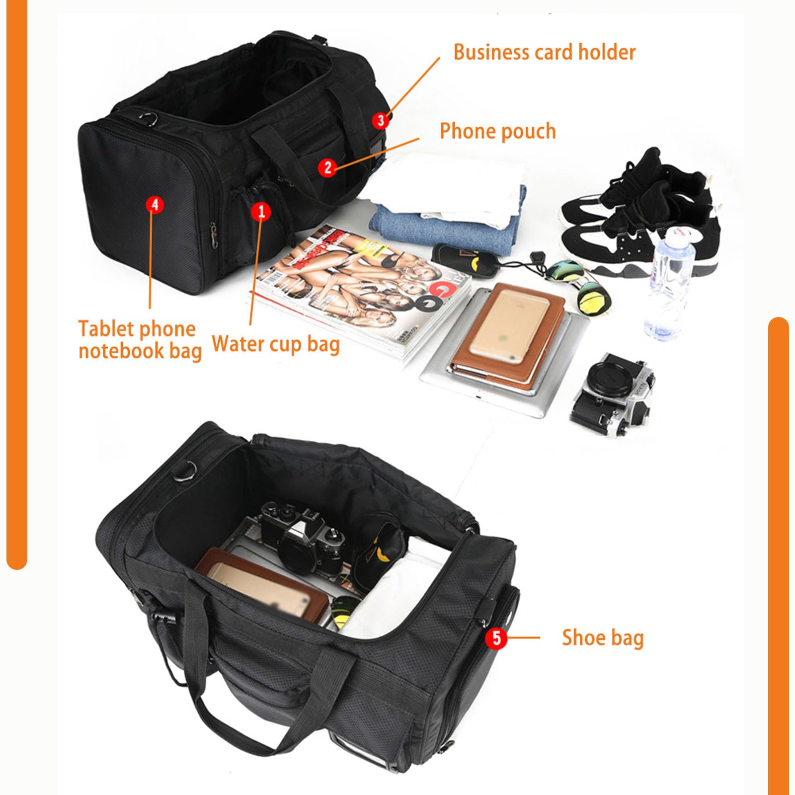Borsa da palestra per uomini e donne, borsone sportivo da 45 l, con tracolla regolabile e scomparto per scarpe, borsone sportivo resistente e impermeabile, per viaggi, sport, fitness., Nero , M