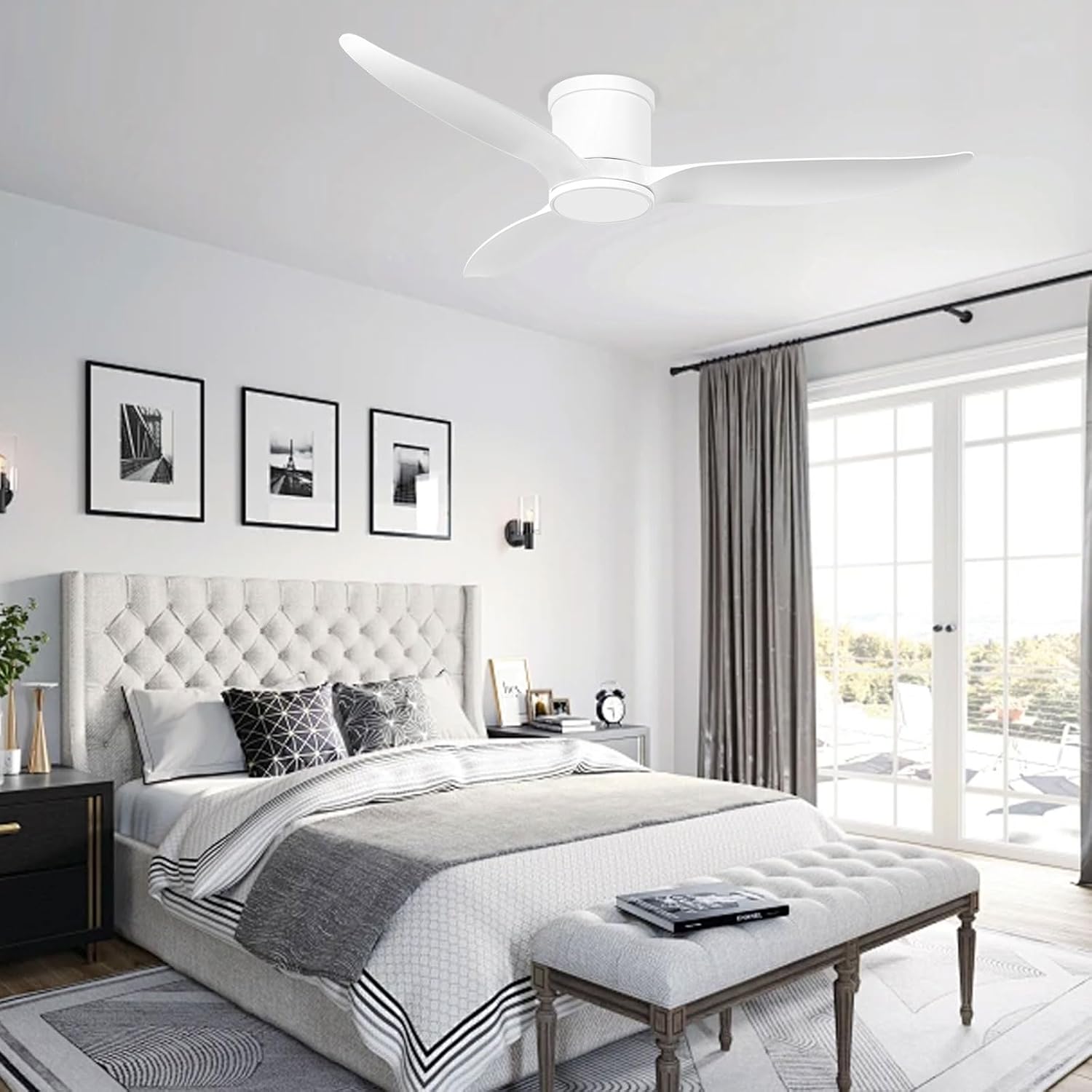 52 Inch Ceiling Fan with Light and Remote, Indoor Low Profile Flush Mount White Ceiling Fan with Dimmable Light, Reversible Motor for Bedroom, Living Room