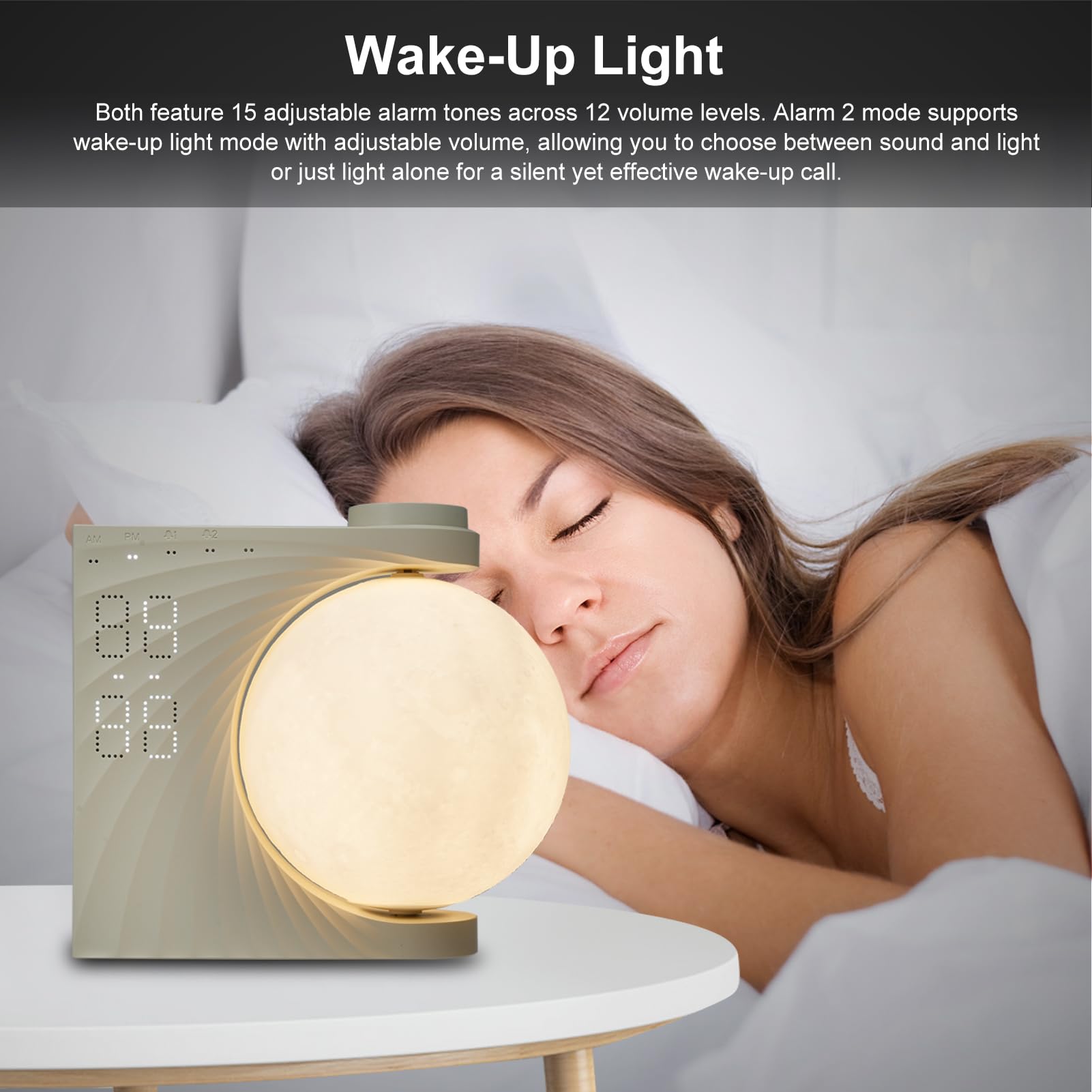 Neoglint Veilleuse lune RVB à changement de couleur, double réveil avec répétition, lumière de réveil, machine à bruit blanc pour le sommeil, lampe de chevet à intensité variable, réglage de la