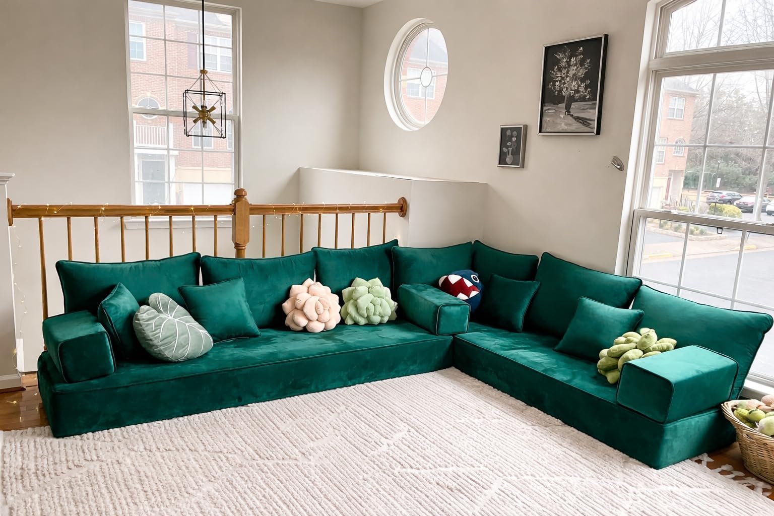Velvet L-Shaped Sectional Sofa, Emerald Green, Modern Living Room Furniture with Cushions