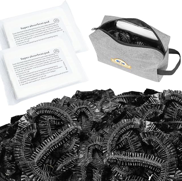 Disposable Potty Liners, On-The-Go Refill Disposable Potty Bags with Storage Bag and Absorbent Pad for BlueSnail Travel Potty40 Count Elasticated Black