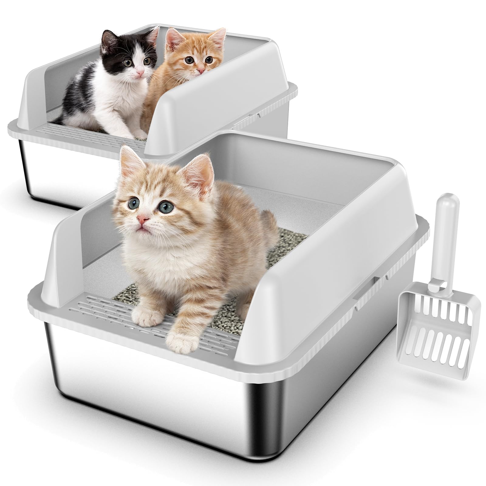 Suzzipaws 2 Pack 17.3" x13.4"x9" Stainless Steel Litter Box, Kitten Litter Box for Kittens & Small Pets, Semi-Enclosed Metal Cat Litter Box for Leak Proof, Easy-Clean Non-Stick, Odor Control