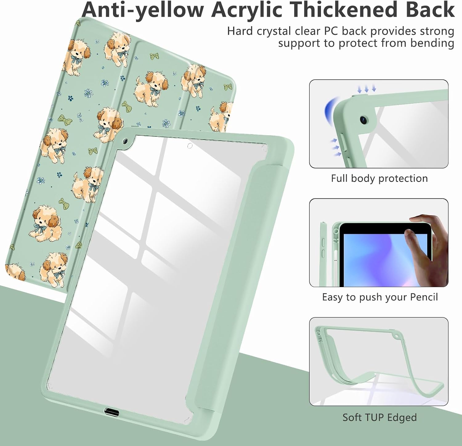 Green Bow Dog Case for iPad mini 6 Unique Case,Pencil Holder & Clear Acrylic Back & Trifold Stand Cover for Women image 4