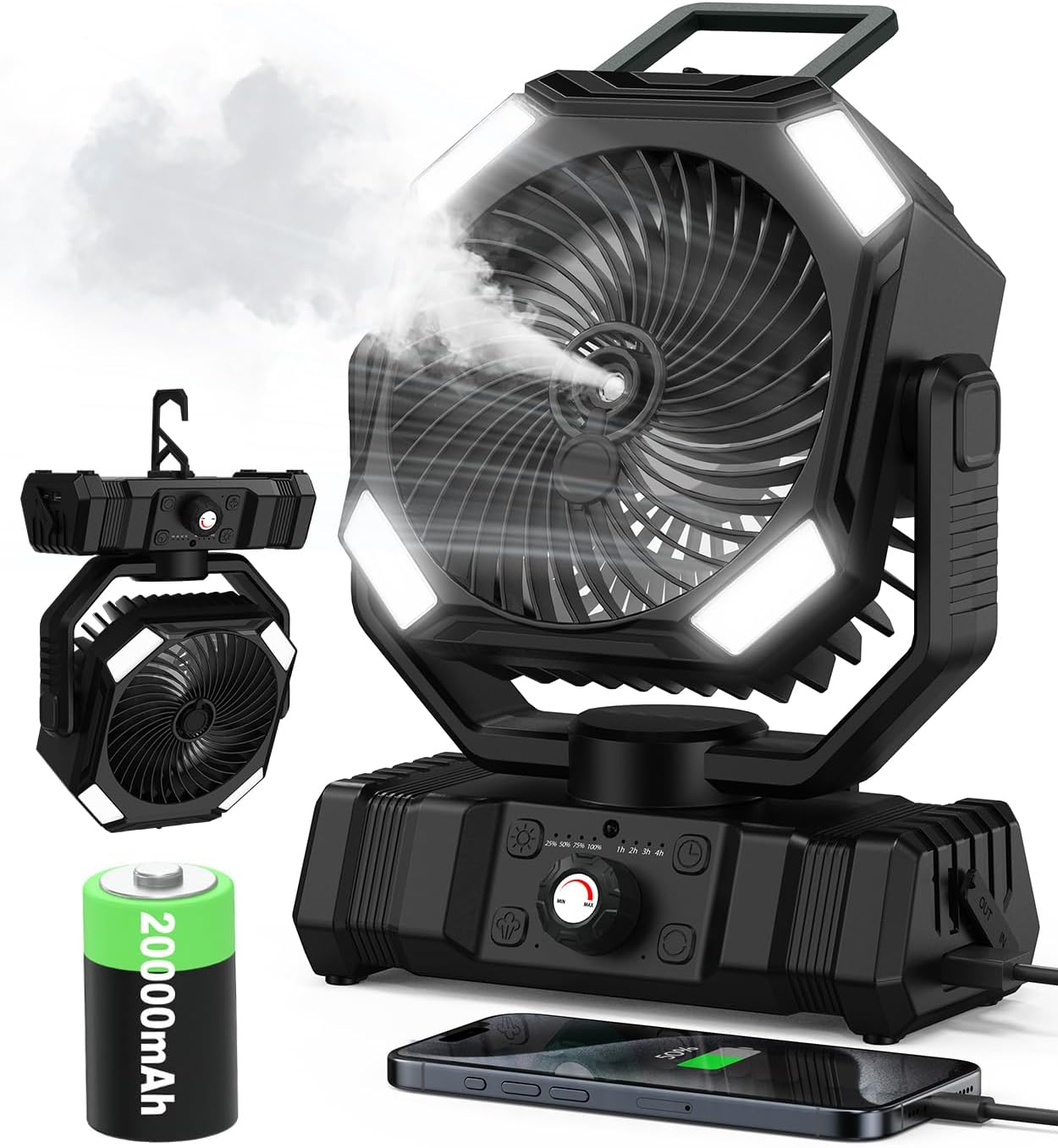 Moveable Misting Fan, 20000mAh Battery Operated Fan with 300ml Tank, 45°-90° Oscillation & 270° Rotation, Timer & Lighting, Handheld Tenting fan for Indoor, Outside, Patios, Tent, Journey, Desk