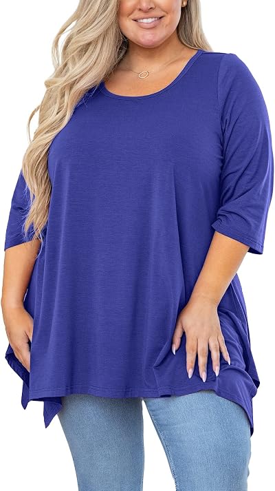 AusLook Women Plus Size Tunic Top Summer 3/4 Sleeve Loose Fit Shirt Casual Blouse Flowy Top for Leggings 1X-5X