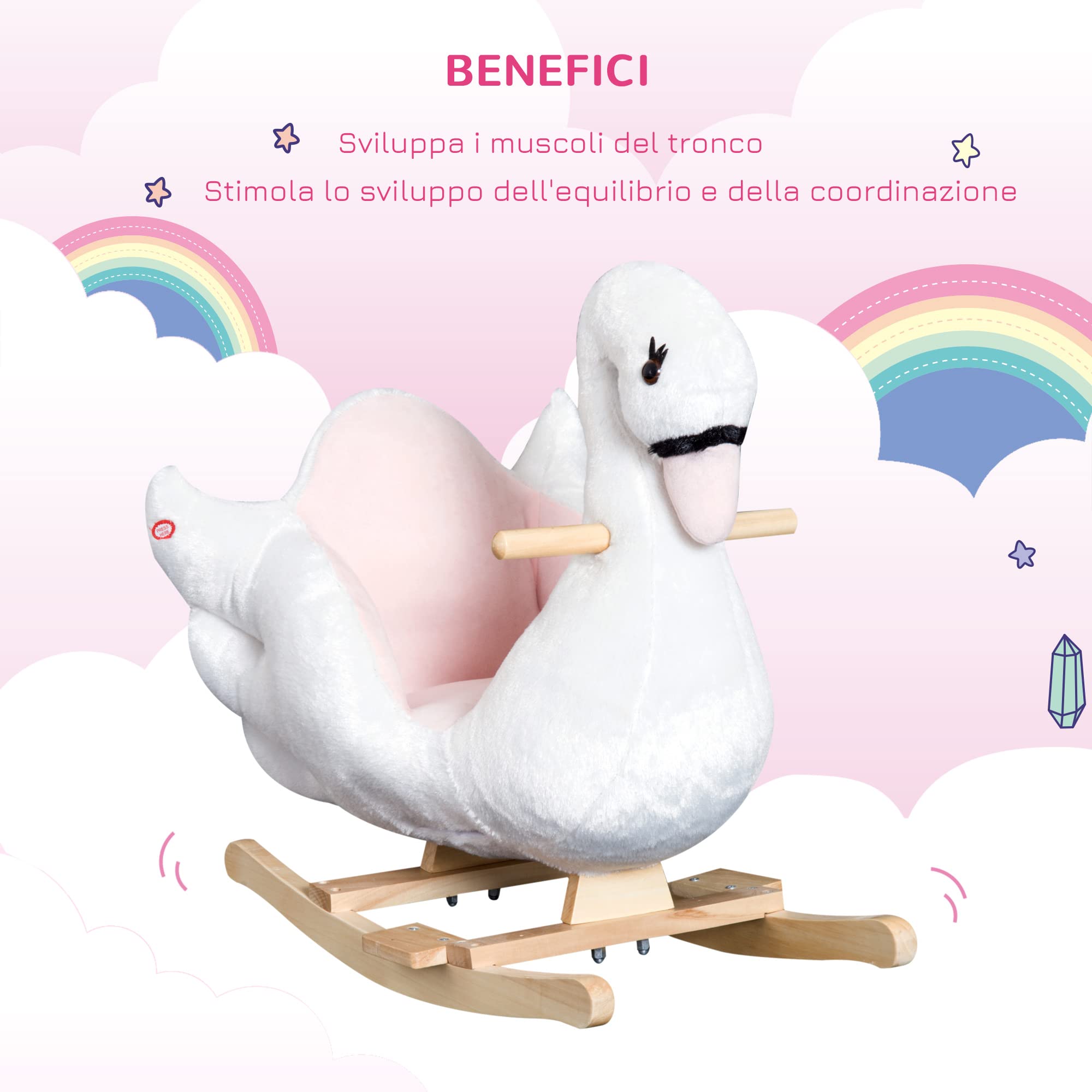 HOMCOM Cavallo a Dondolo a Forma di Cigno con Musica, Cavalluccio a Dondolo con Struttura in Metallo e Legno, Rivestimento Peluche, 60x40x57cm, Bianco