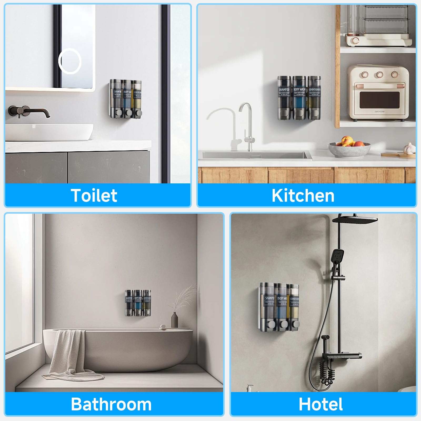GlintGath 3 Chamber Wall Mounted Shampoo and Soap Dispenser for Shower No Drill, 3 * 300ML, Gun Gray, Gun Gray 3 Chamber - Image 2