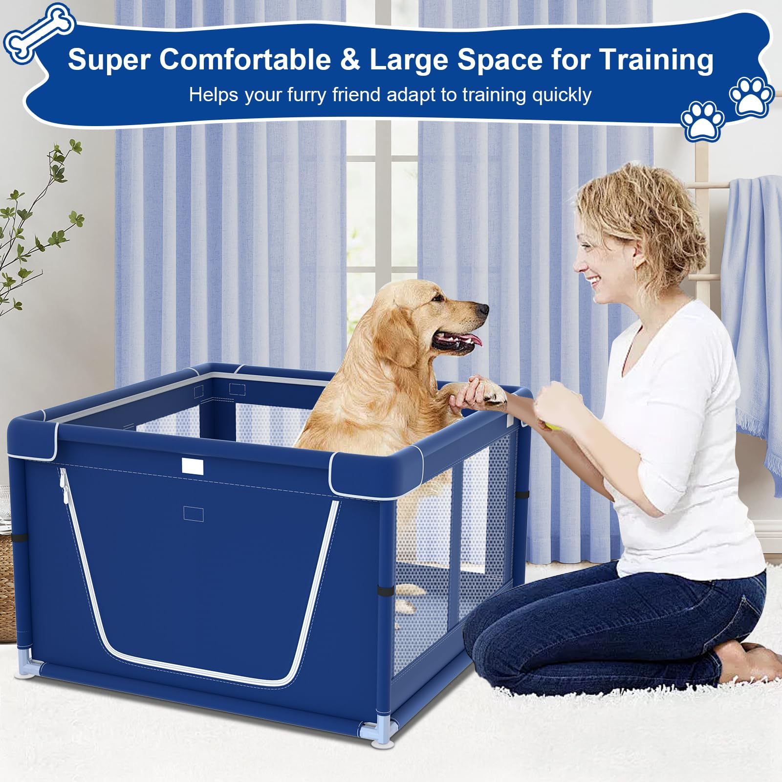 Welpenlaufstall Mit DogPads – 106,7x107,7x66 Cm, Blau, Mit Netzfenstern – Für Drinnen & Draußen