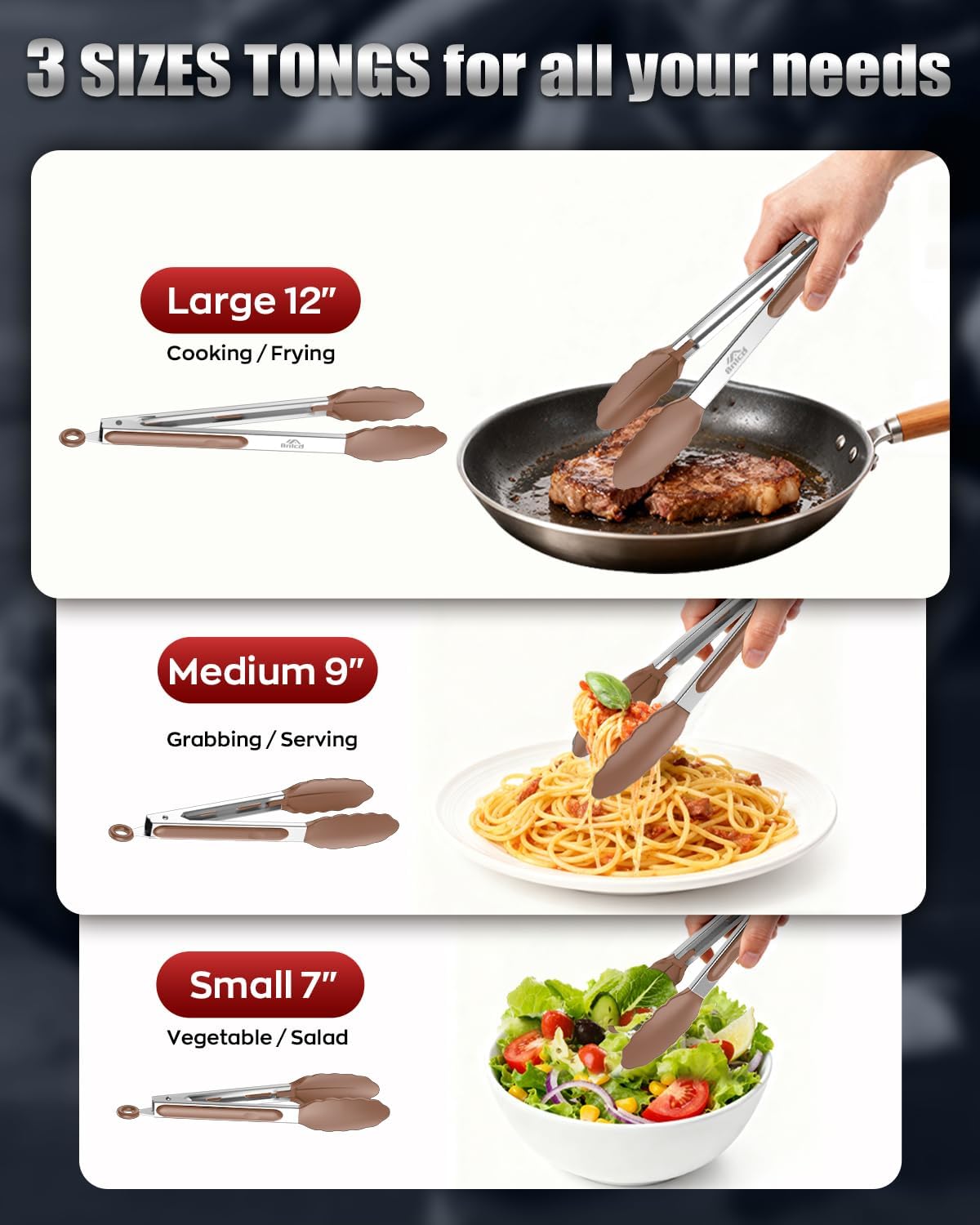 600ºF Heat Resistant Kitchen Tongs, Premium Locking Cooking Tongs with Silicone Tips, Non-Slip Food Tongs for Cooking, Non-Stick, Heavy Duty Stainless Steel Handle, Set of 3-7" 9" and 12" Mud color - Image 8