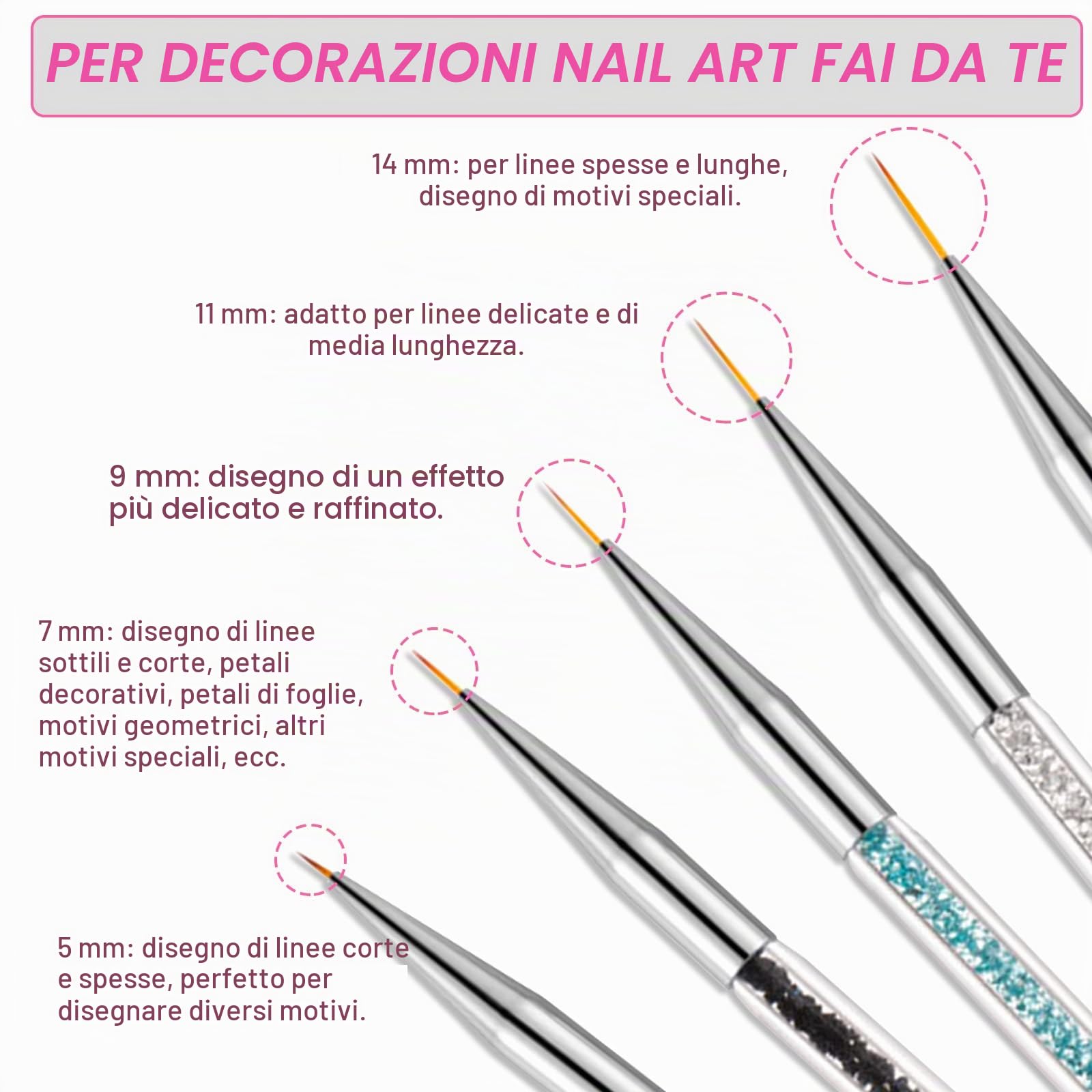 Sularpek 5 Pezzi Pennelli per Unghie, Pennelli Unghie Doppia Testa, Brush per Nail Art Penne dotter, Liner Pittura Pennello Set per DIY Disegno Decorazioni