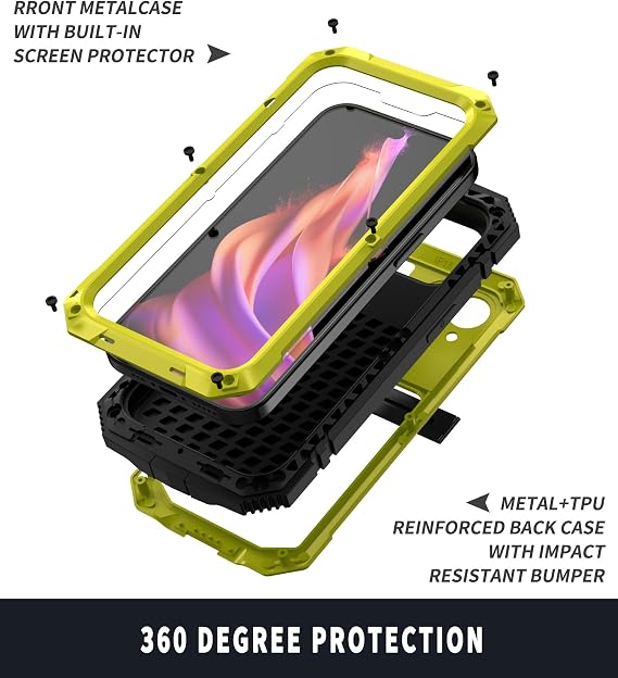 メタルケース iPhone 15 Pro Max用 アルミニウム ミリタリーグレード アーマー 頑丈なケース メタルスタンド付き スクリーンプロテクター 落下試験済み 耐衝撃 フルカバーケース iPhone 15 Pro Max用 イエロー