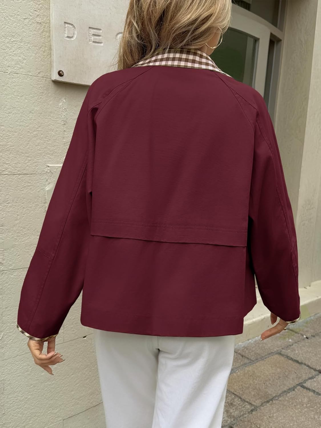 Tankaneo Womens Cropped Jacket Lightweight Casual Zip Up Barn Jackets Fall Contrast Plaid Outerwear Coat - Image 5