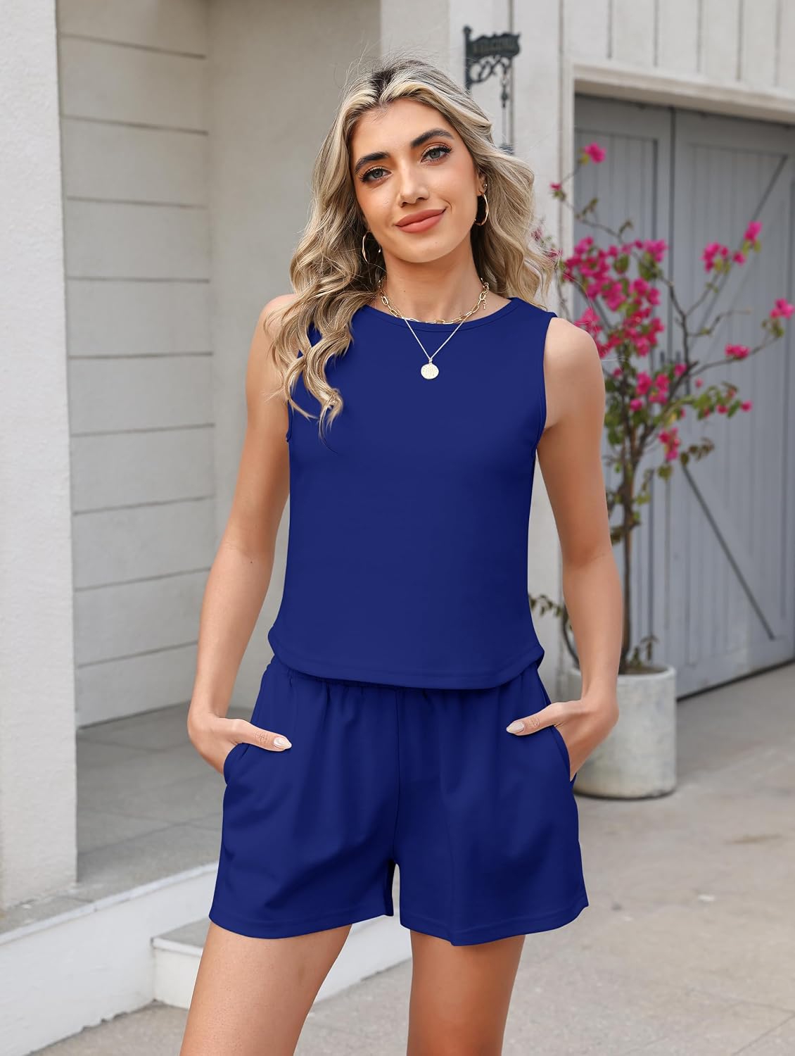 Two Piece Sets for Women Summer Casual Lounge Short Sets Sleeveless Crew Neck Sweatsuits with Pocket Travel Outfits