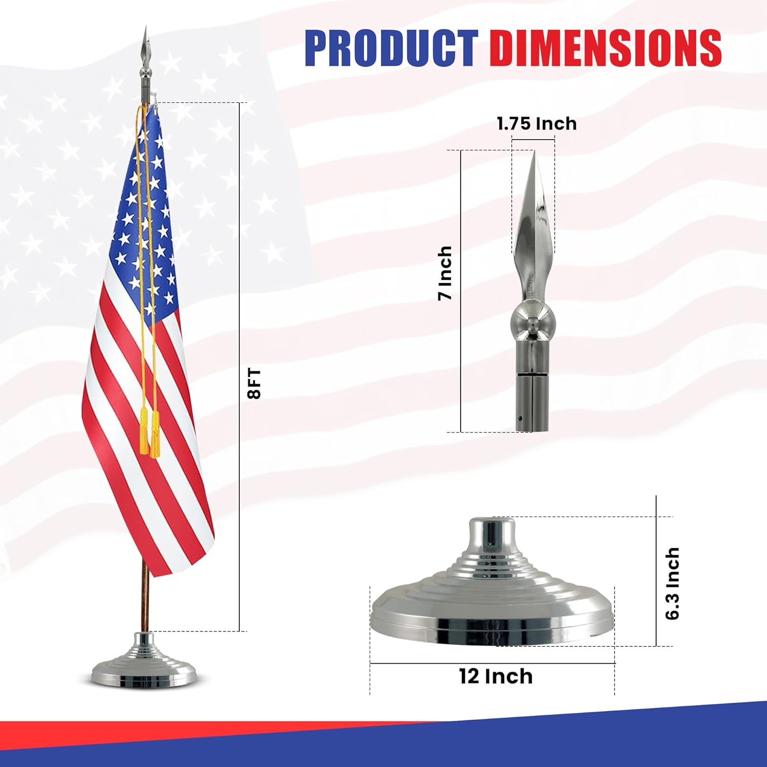 Super Tough Silver Indoor, Flagpole & Base | Indoor Flag Pole Kit | Silver Finish Flagpole | Metal Spear- 8 Ft Pole