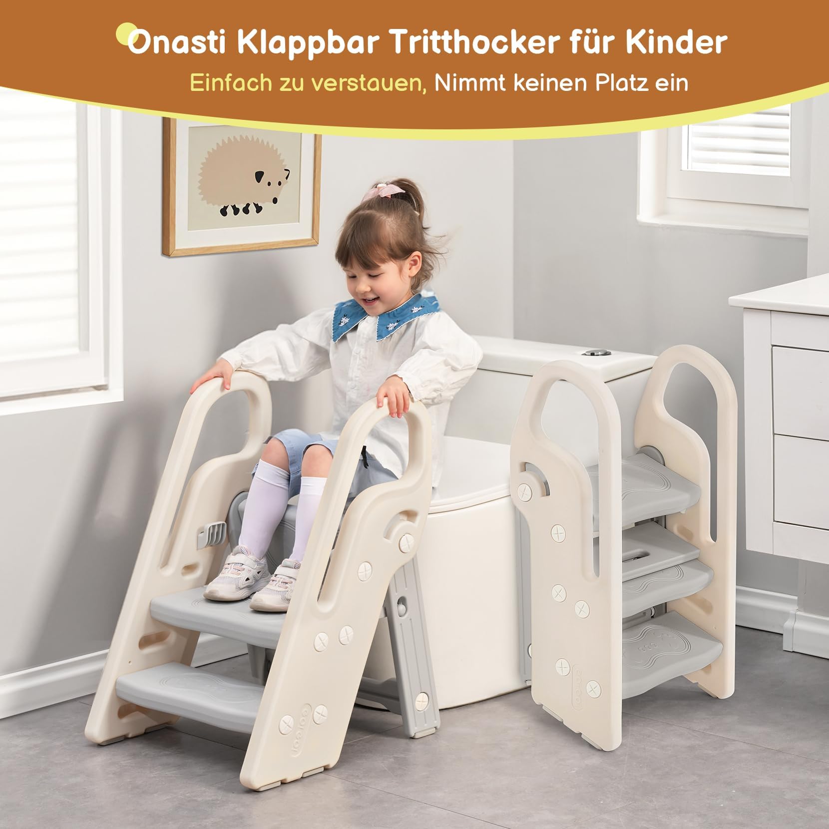 Onasti Tritthocker für Kinder, 2 Stufen - 3 Stufen Höhenverstellbar Kinderschemel, Trittschemel für Baby, Lernturm mit Handhaben, Faltbar, Multifunktional, für Bad, Kleinkinderzimmer, Küche (Grau)