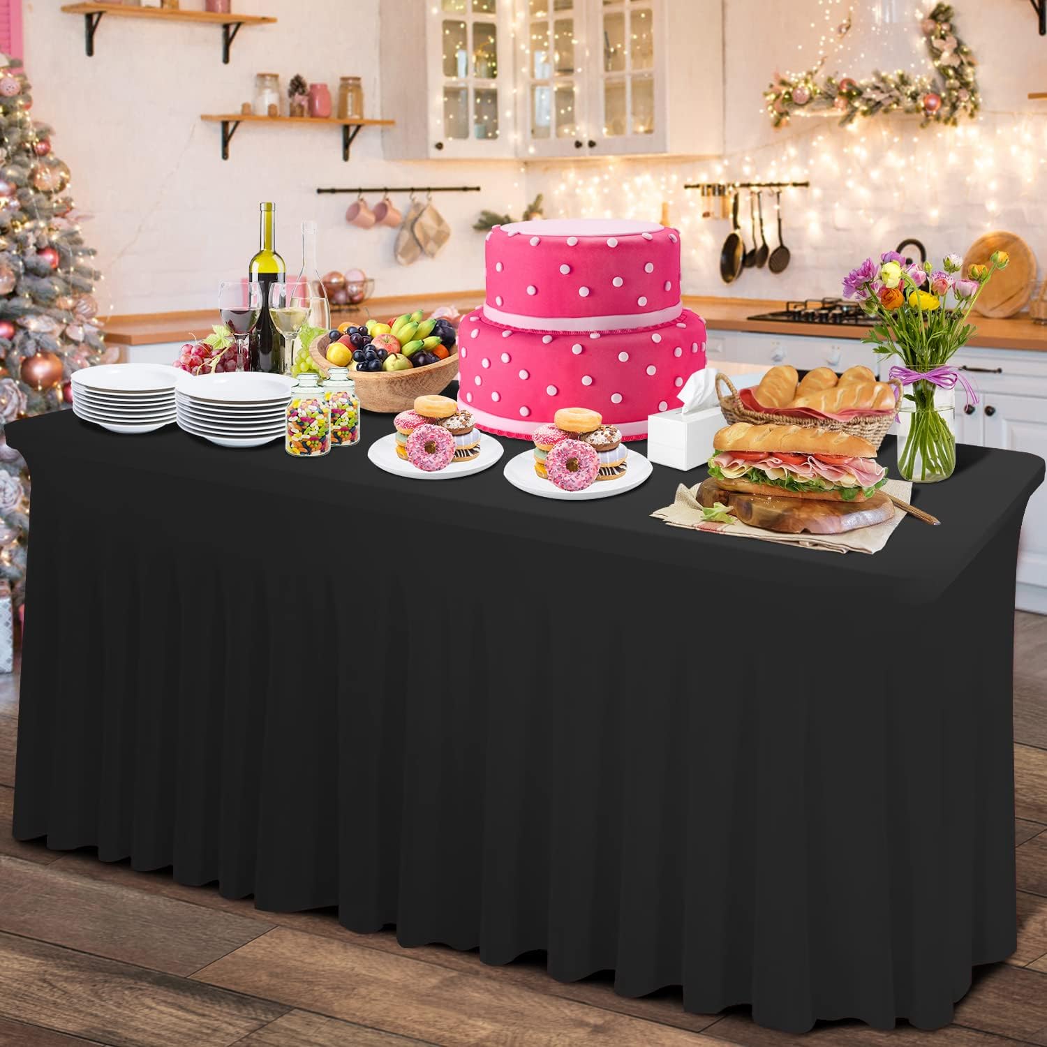 Thick 2 in 1 Spandex Table Skirt and Cover 8ft, Rectangle Fitted Tablecloth with Pleated Skirt, Wrinkle Free Rectangular Table Cloth for Banquets and Vendor Event (Black, 96"*30"*29")