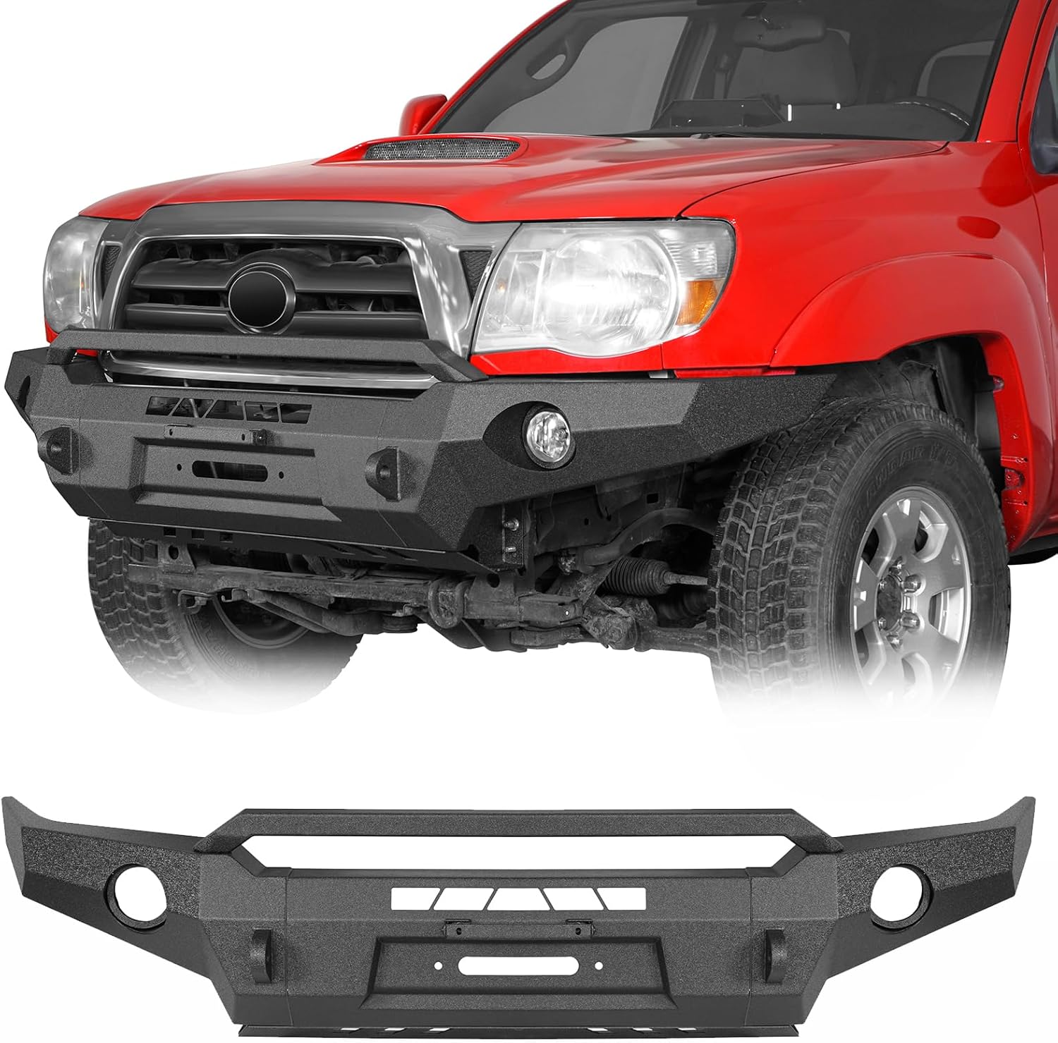 Hooke Road Tacoma Front Bumper Full Width Offroad Bumper w/Winch Plate & Skid Plate & LED Lights for Toyota Tacoma 2005 2006 2007 2008 2009 2010 2011 Trucks