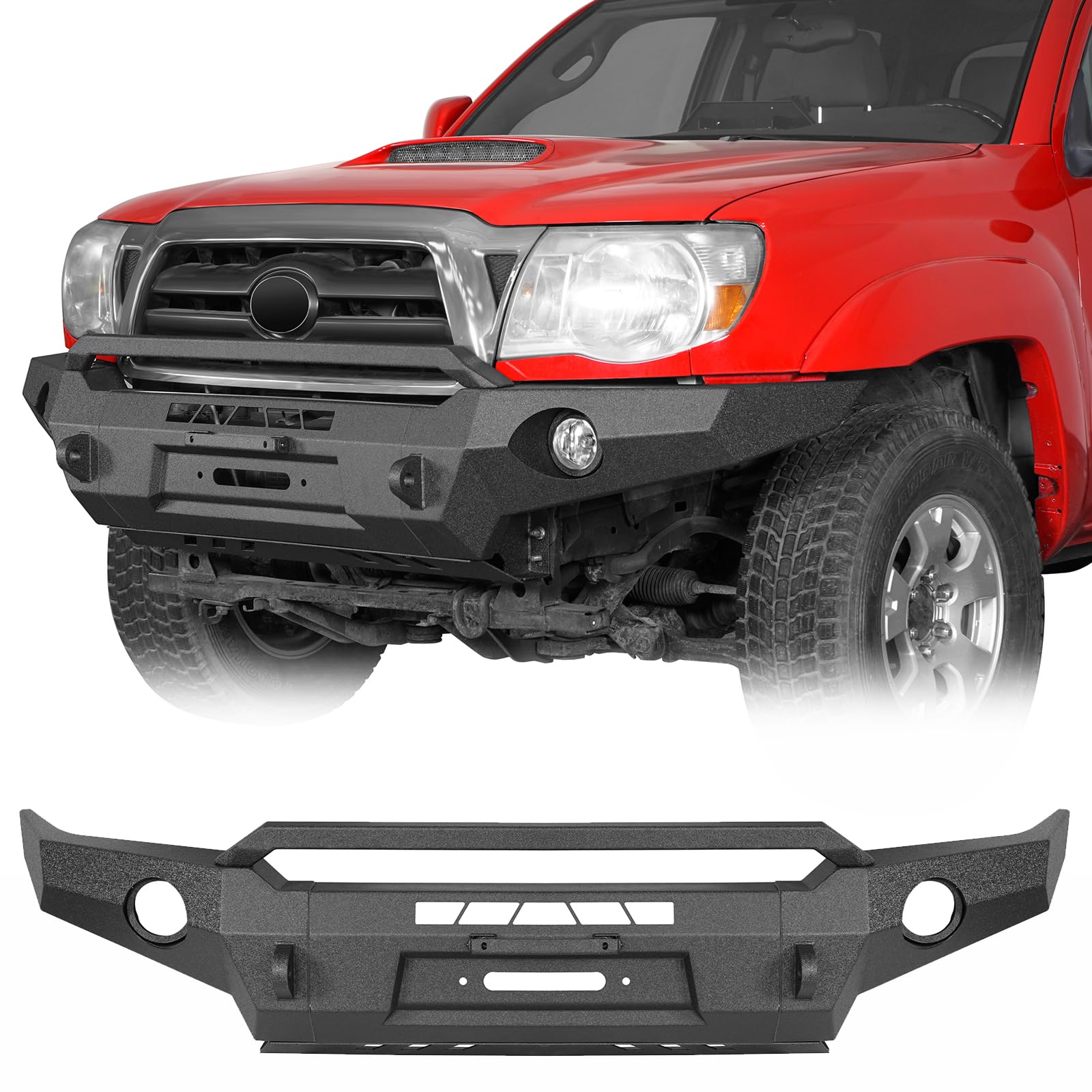 Hooke Road Tacoma Front Bumper Full Width Offroad Bumper w/Winch Plate & Skid Plate & LED Lights for Toyota Tacoma 2005 2006 2007 2008 2009 2010 2011 Trucks