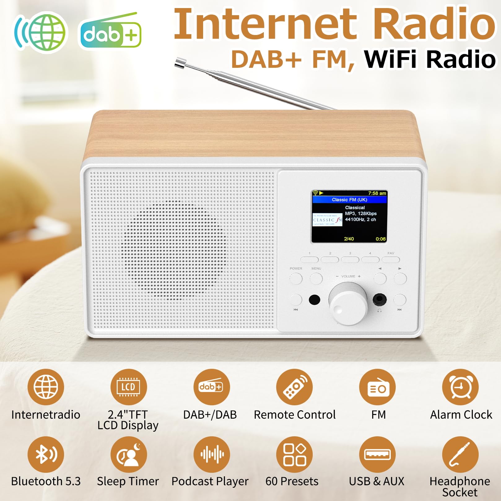 Radio Internet WLAN con DAB+ & FM, radio Bluetooth 5.3, lettore podcast, USB e AUX, oltre 30.000 stazioni radio, EQ e display a colori, telecomando - Smart Radio per soggiorno e giardino (Oak Wood