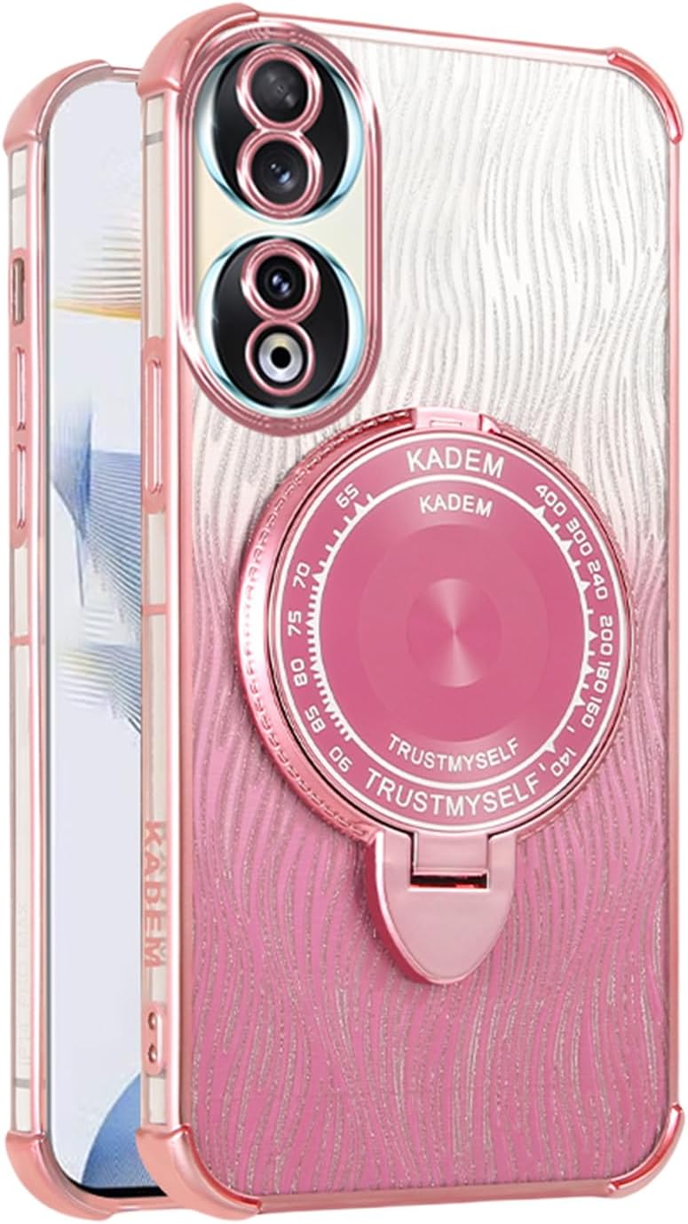 Silicone Cases Compatible with Honor 90 Case with Hidden Mirror Folding Stand Plating Slim Gradual Soft Drop Protective for Women Man Sparkle Shockproof Protection Shell for Honor 90 Cover (Pink)