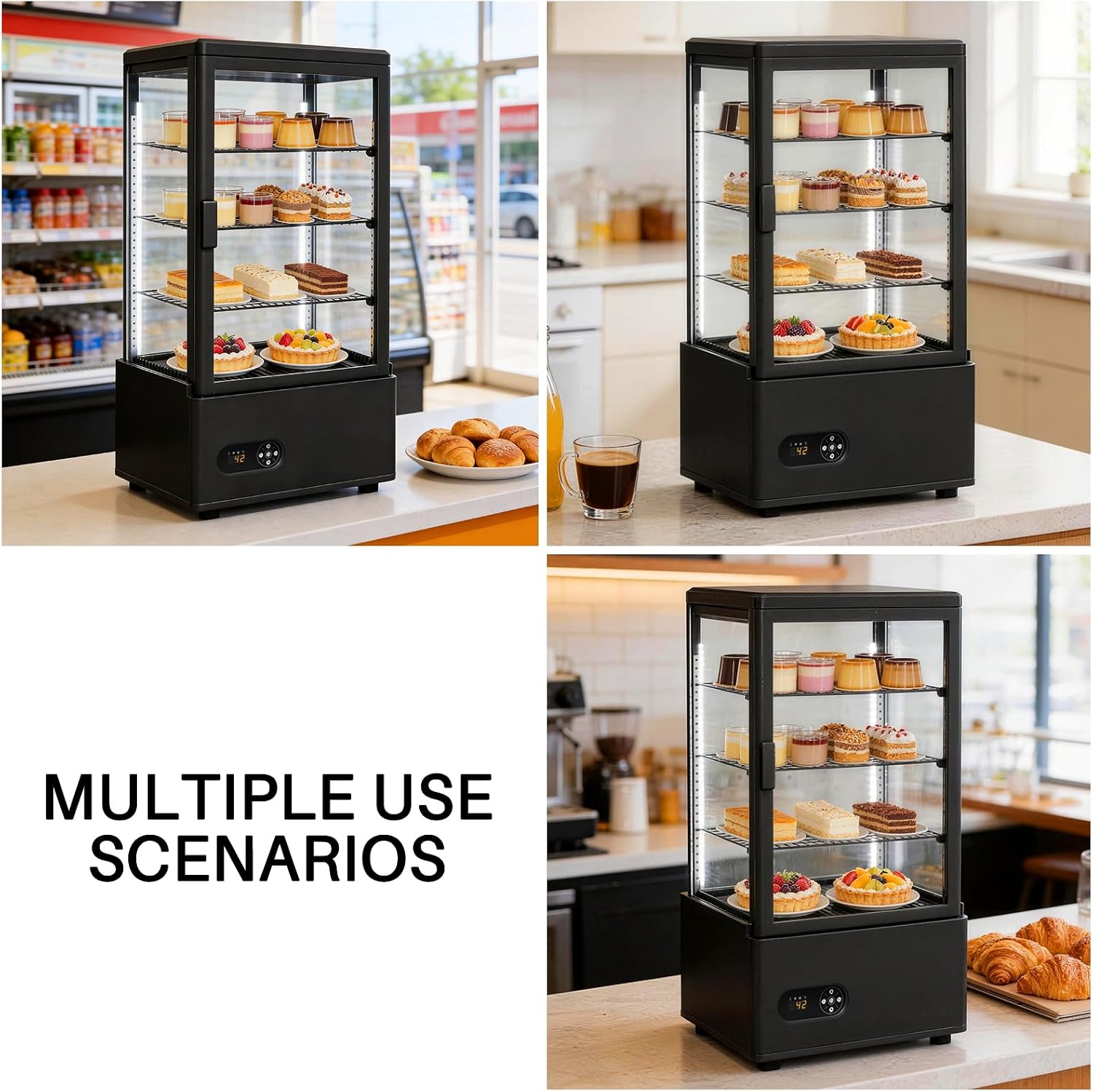 Commercial Display Refrigerator, 2.75 Cu. FT/ 78L Cake Display Case with LED Lighting Double-Layered Glass Automatic Defrost Commercial Display Fridge for Home, Store and Coffee, Bakery, Black